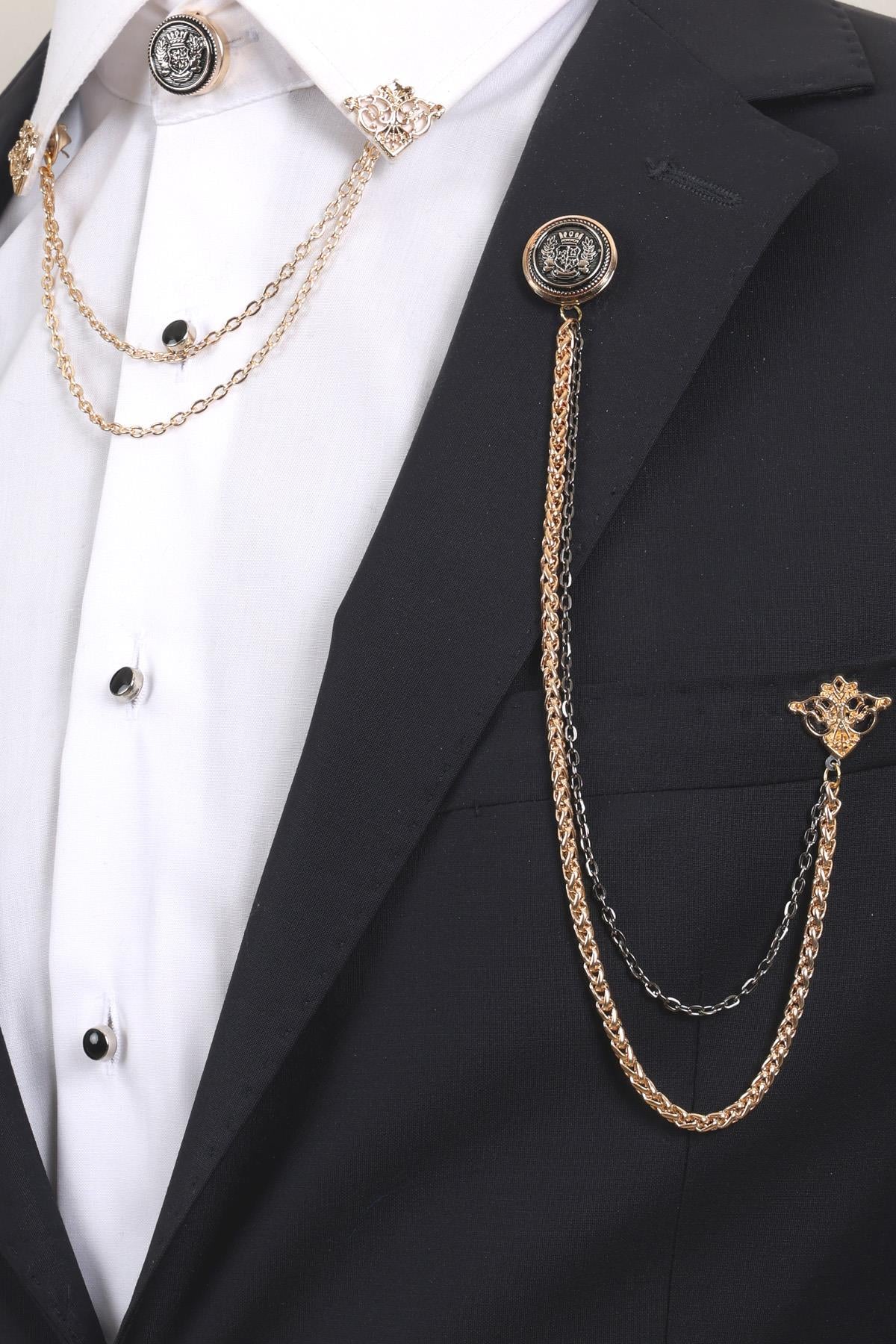 Esgue 3’lü Armalı Siyah Gold Yaka Broş Seti – Altın Renk Zincirli Erkek Ceket ve Gömlek Takı Aksesuarı (BRS10)