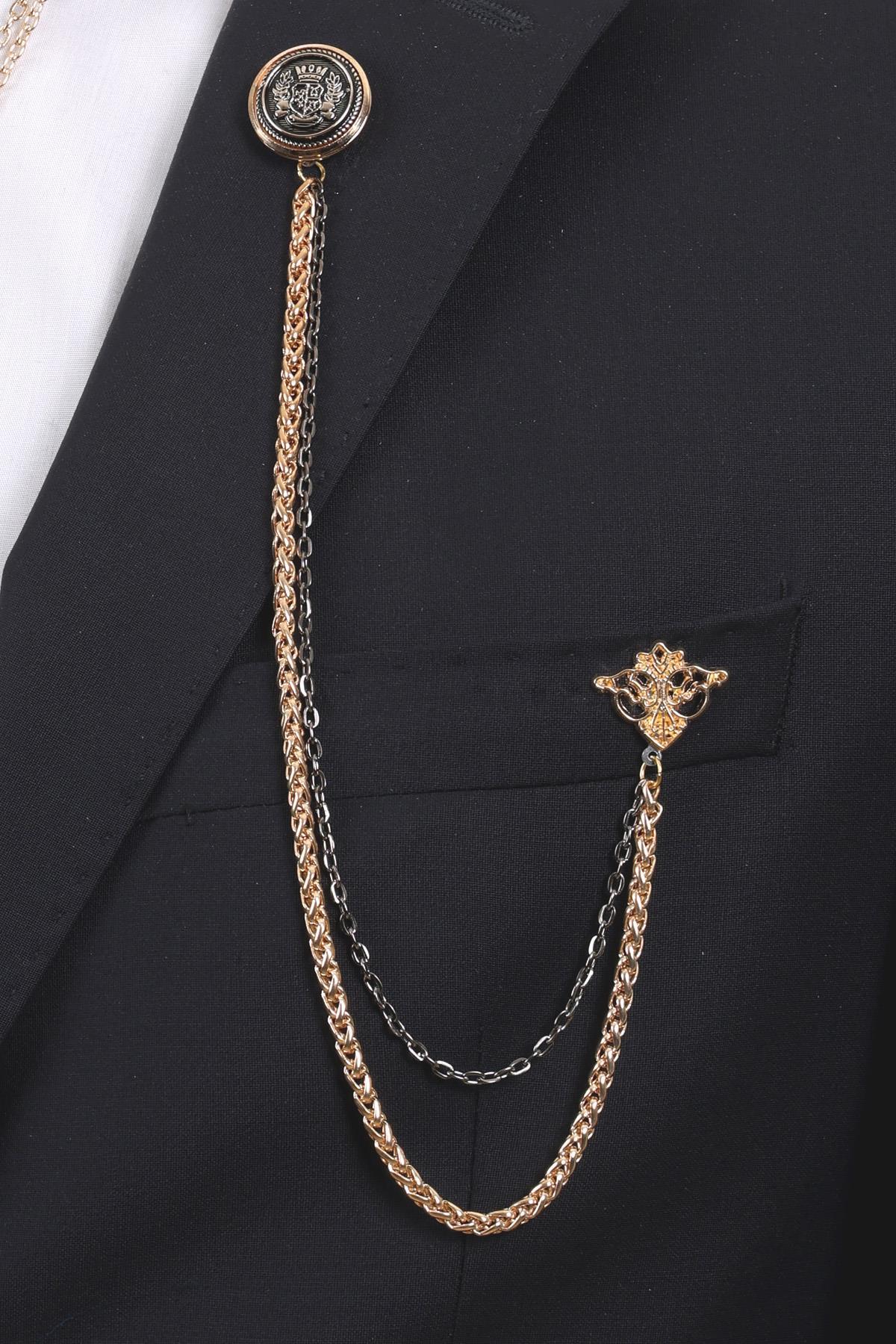 Esgue 3’lü Armalı Siyah Gold Yaka Broş Seti – Altın Renk Zincirli Erkek Ceket ve Gömlek Takı Aksesuarı (BRS10)