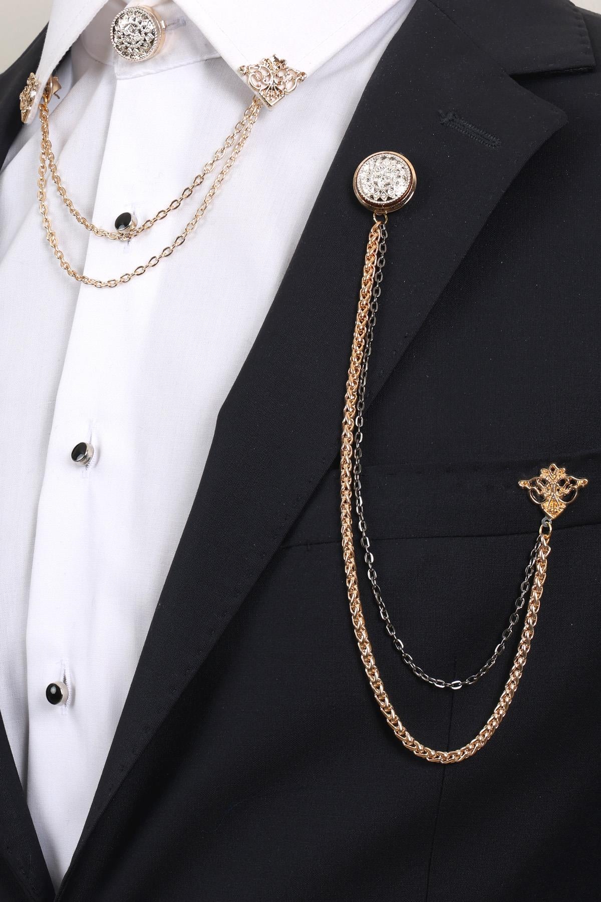 Esgue 3’lü Parlak Desenli Gold Yaka Broş Seti – Altın Renk Zincirli Erkek Ceket ve Gömlek Aksesuarı (BRS11)