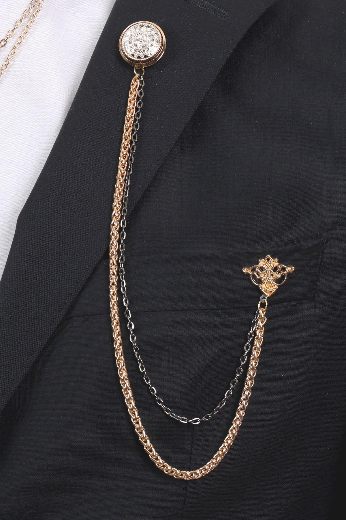 Esgue 3’lü Parlak Desenli Gold Yaka Broş Seti – Altın Renk Zincirli Erkek Ceket ve Gömlek Aksesuarı (BRS11)