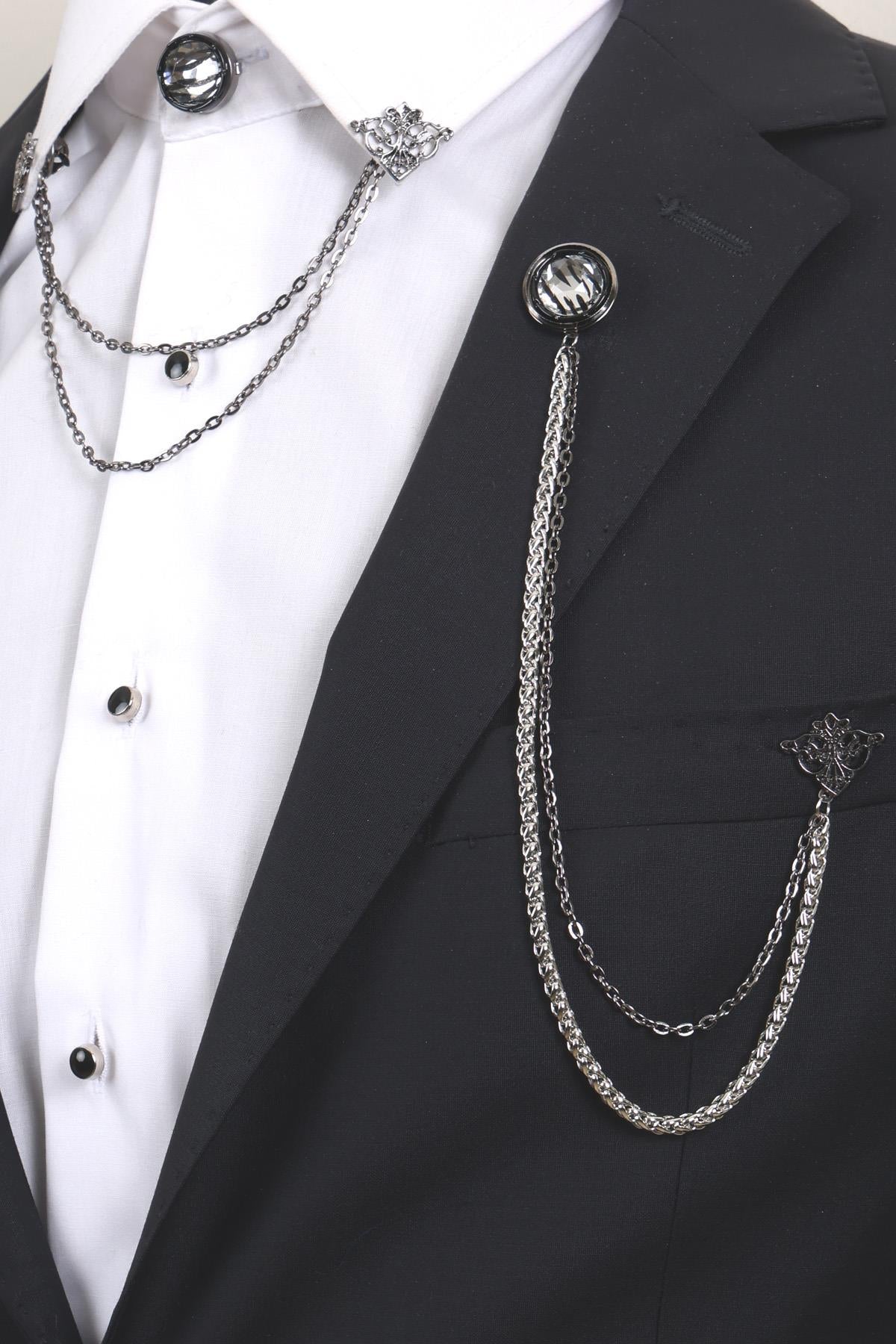 Esgue 3’lü Siyah Beyaz Taşlı Erkek Yaka Broş Seti – Zincirli Ceket ve Gömlek Aksesuarı (BRS04)