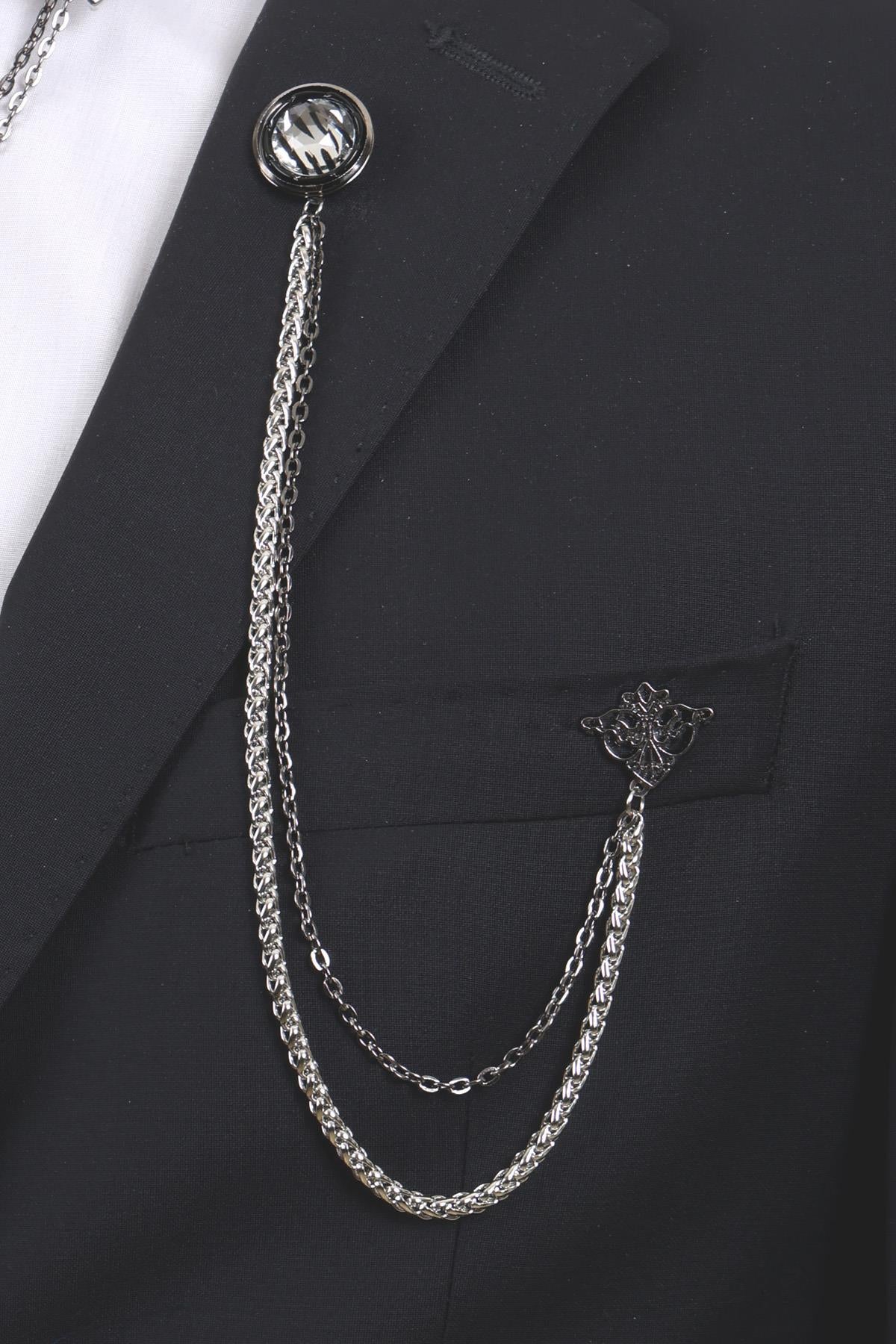 Esgue 3’lü Siyah Beyaz Taşlı Erkek Yaka Broş Seti – Zincirli Ceket ve Gömlek Aksesuarı (BRS04)