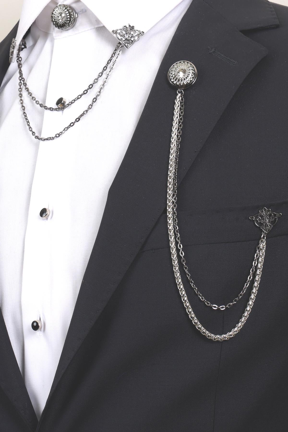 Esgue Taşlı Siyah Yaka Broş Seti – Güneş Motifli Zincirli Erkek Ceket & Gömlek Aksesuarı (BRS06)