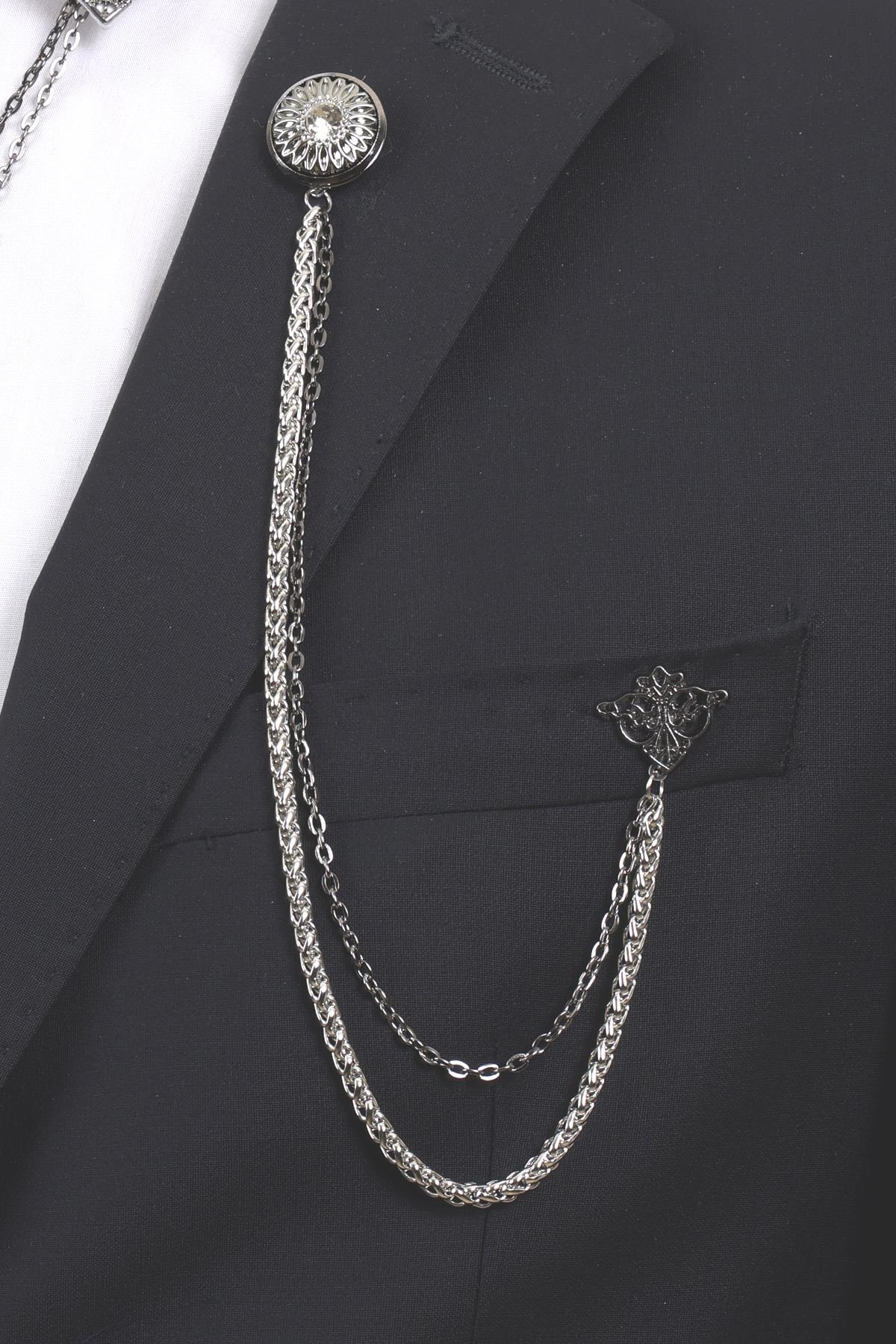 Esgue Taşlı Siyah Yaka Broş Seti – Güneş Motifli Zincirli Erkek Ceket & Gömlek Aksesuarı (BRS06)