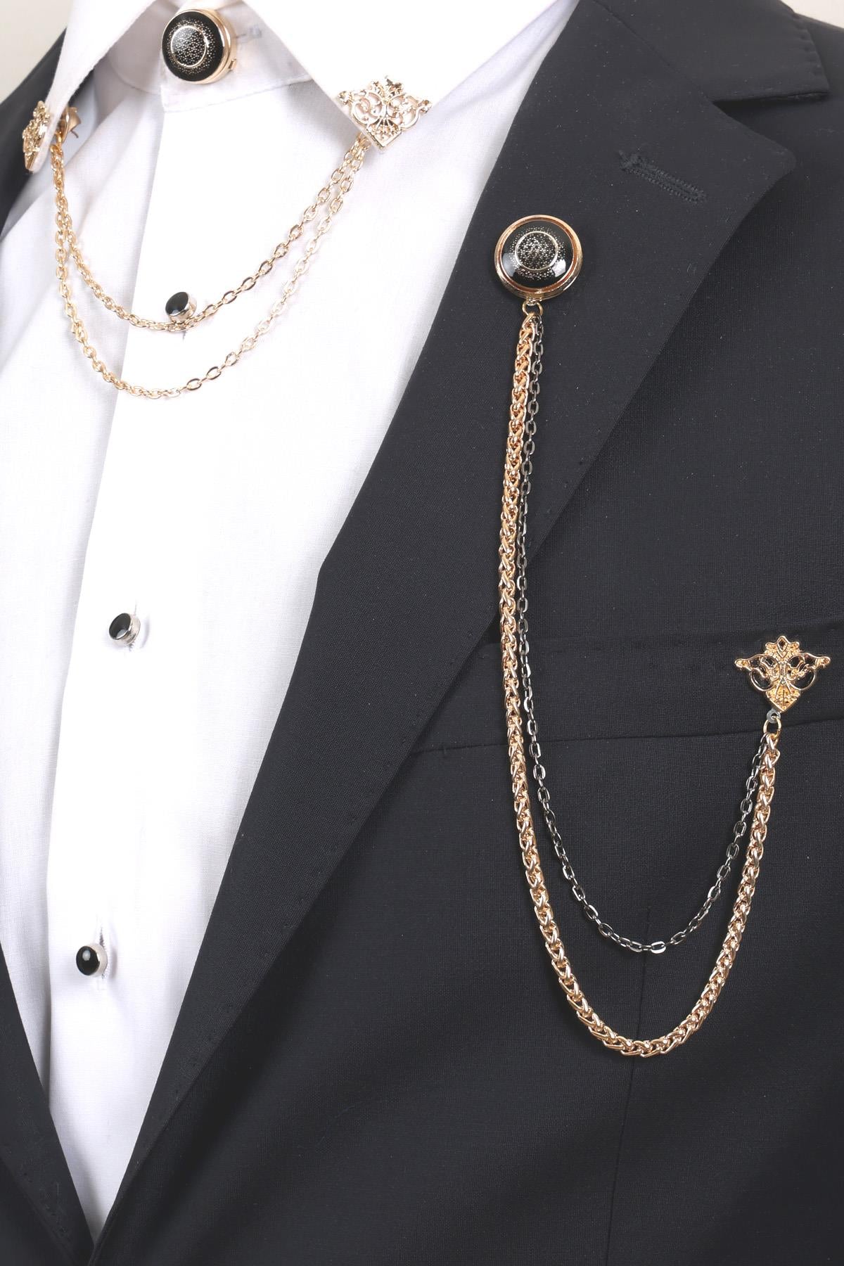 Esgue 3’lü Siyah Desenli Gold Yaka Broş Seti – Altın Renk Zincirli Erkek Ceket ve Gömlek Takı Aksesuarı (BRS09)
