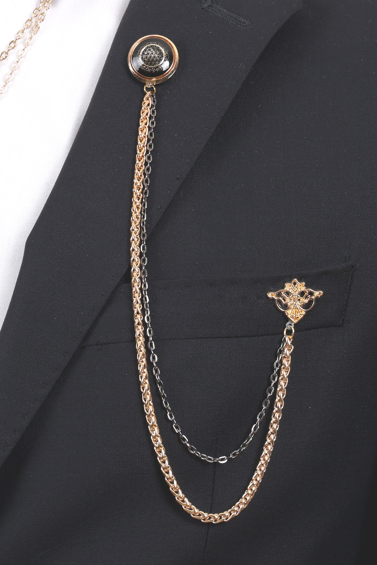 Esgue 3’lü Siyah Desenli Gold Yaka Broş Seti – Altın Renk Zincirli Erkek Ceket ve Gömlek Takı Aksesuarı (BRS09)