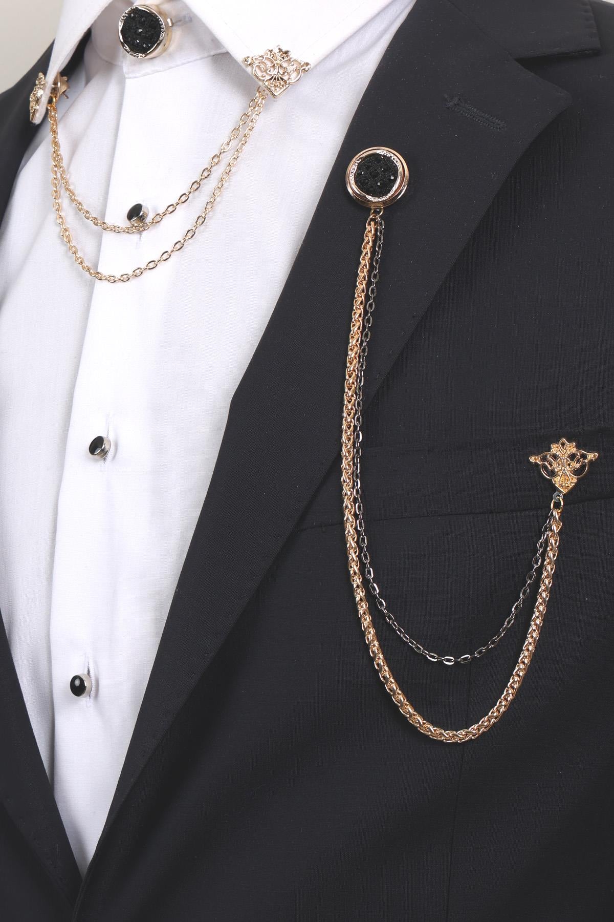 Esgue 3’lü Siyah Desenli Gold Yaka Broş Seti – Zincirli Altın Renk Erkek Ceket & Gömlek Takı Aksesuarı (BRS08)