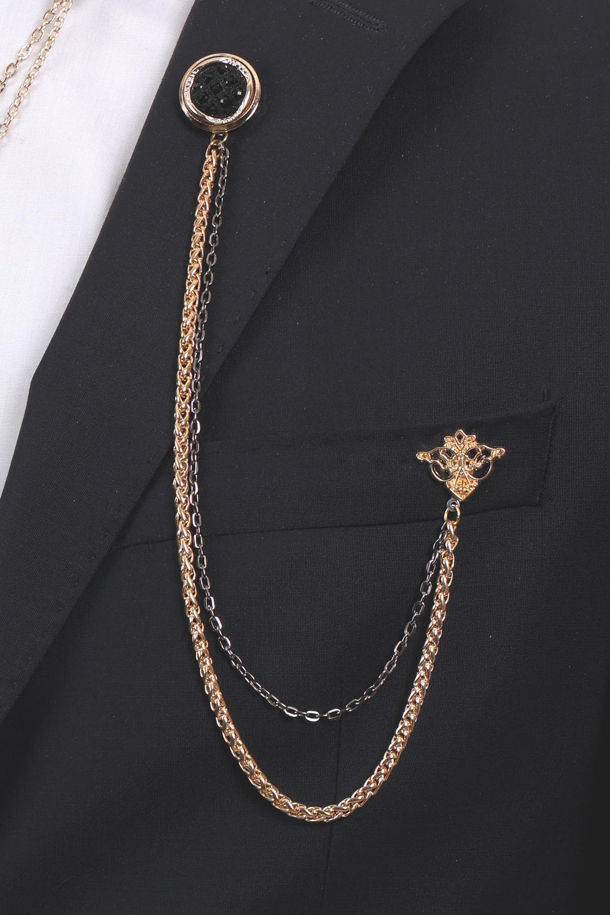 Esgue 3’lü Siyah Desenli Gold Yaka Broş Seti – Zincirli Altın Renk Erkek Ceket & Gömlek Takı Aksesuarı (BRS08)