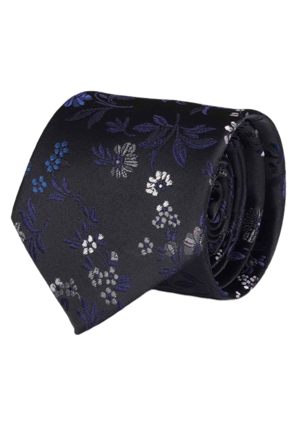 Esgue 7.5 cm Siyah Lacivert Desenli Kravat Mendil Broş Hediye Seti