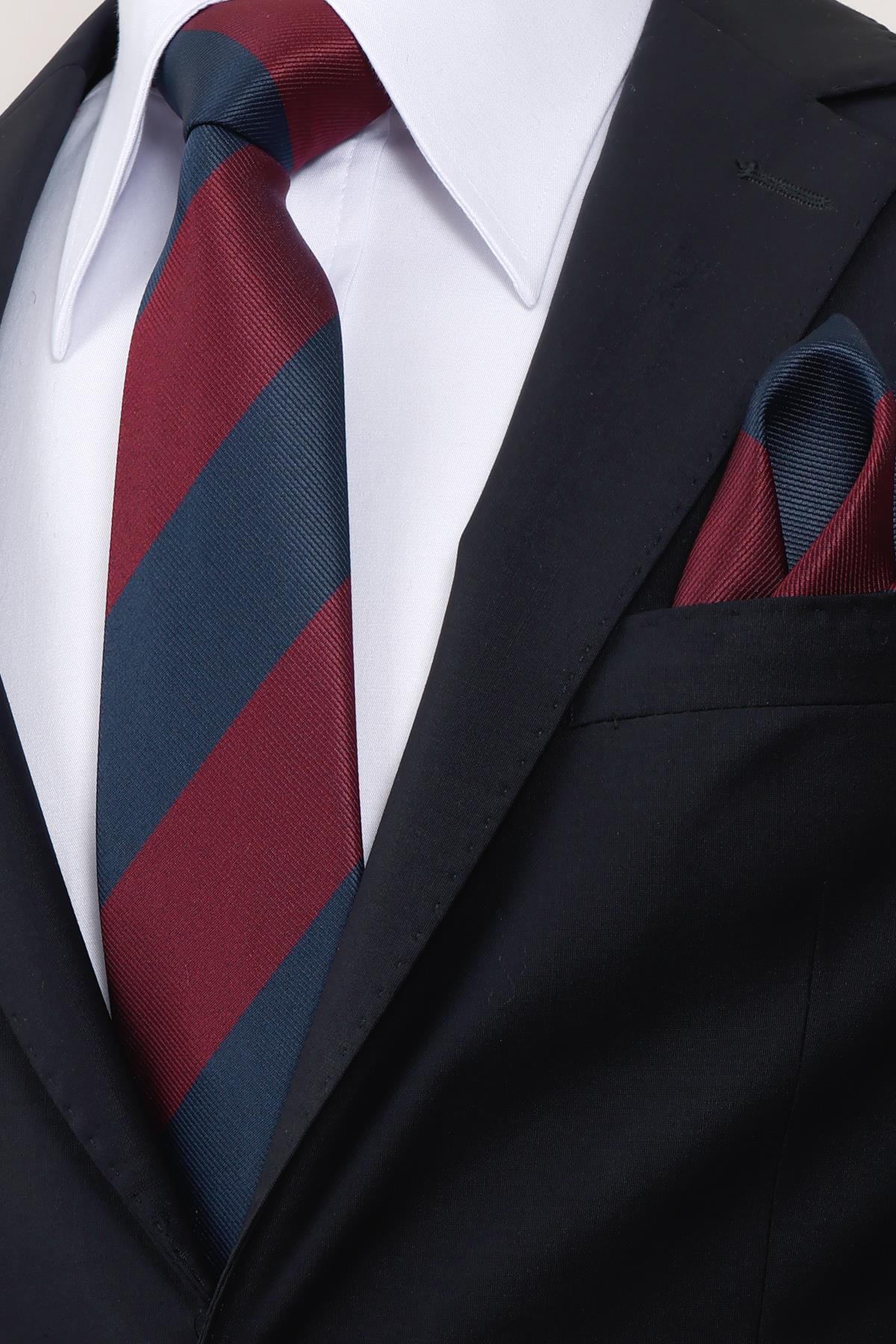 Esgue 8 cm Bordo Lacivert Parçalı Desen Hand Made Klasik Geniş Mendilli Kravat