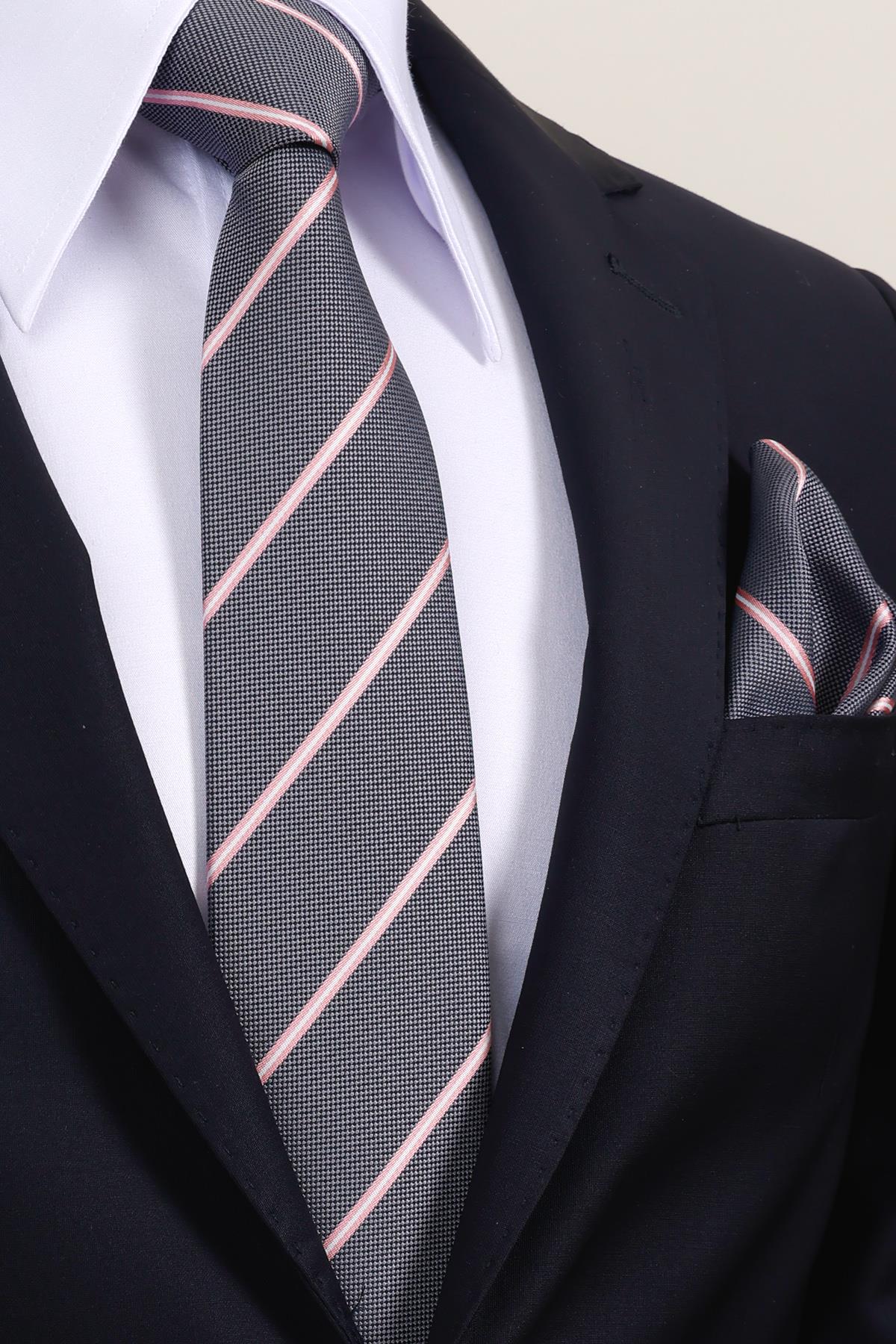 Esgue 8 cm Gri Pembe Çizgili Hand Made Klasik Geniş Mendilli Kravat