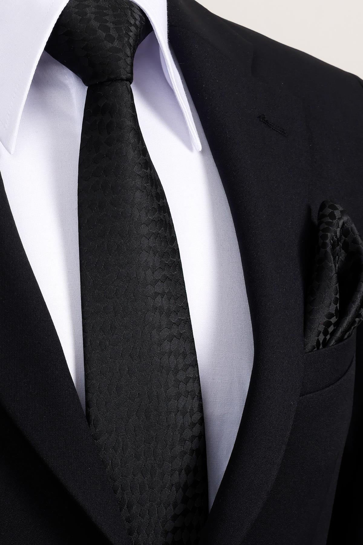 Esgue 8 Cm Hand Made Desenli Siyah Kravat Mendil & Siyah Kol Düğmesi Hediye Seti HSET:100