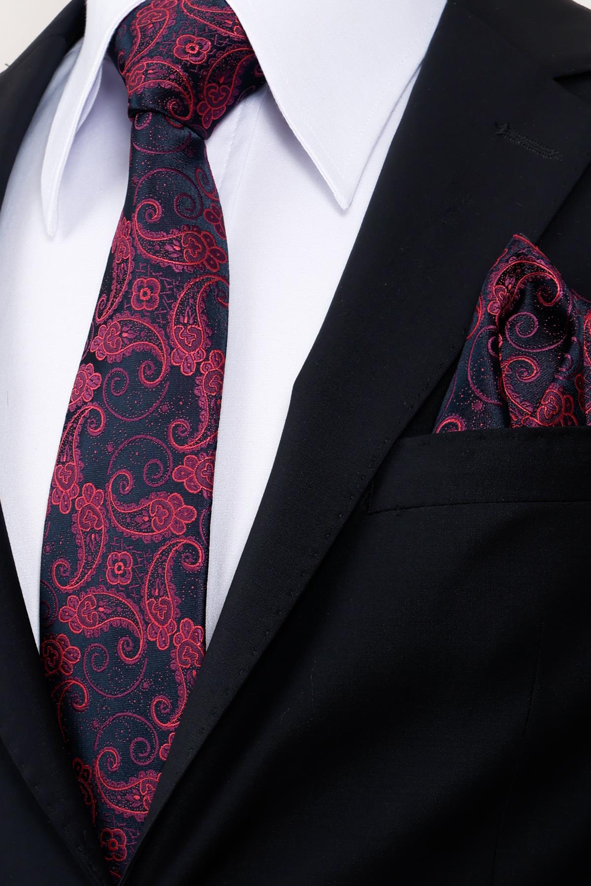 Esgue 8 Cm Hand Made Lacivert - Mor Şal Desen Mendilli Kravat