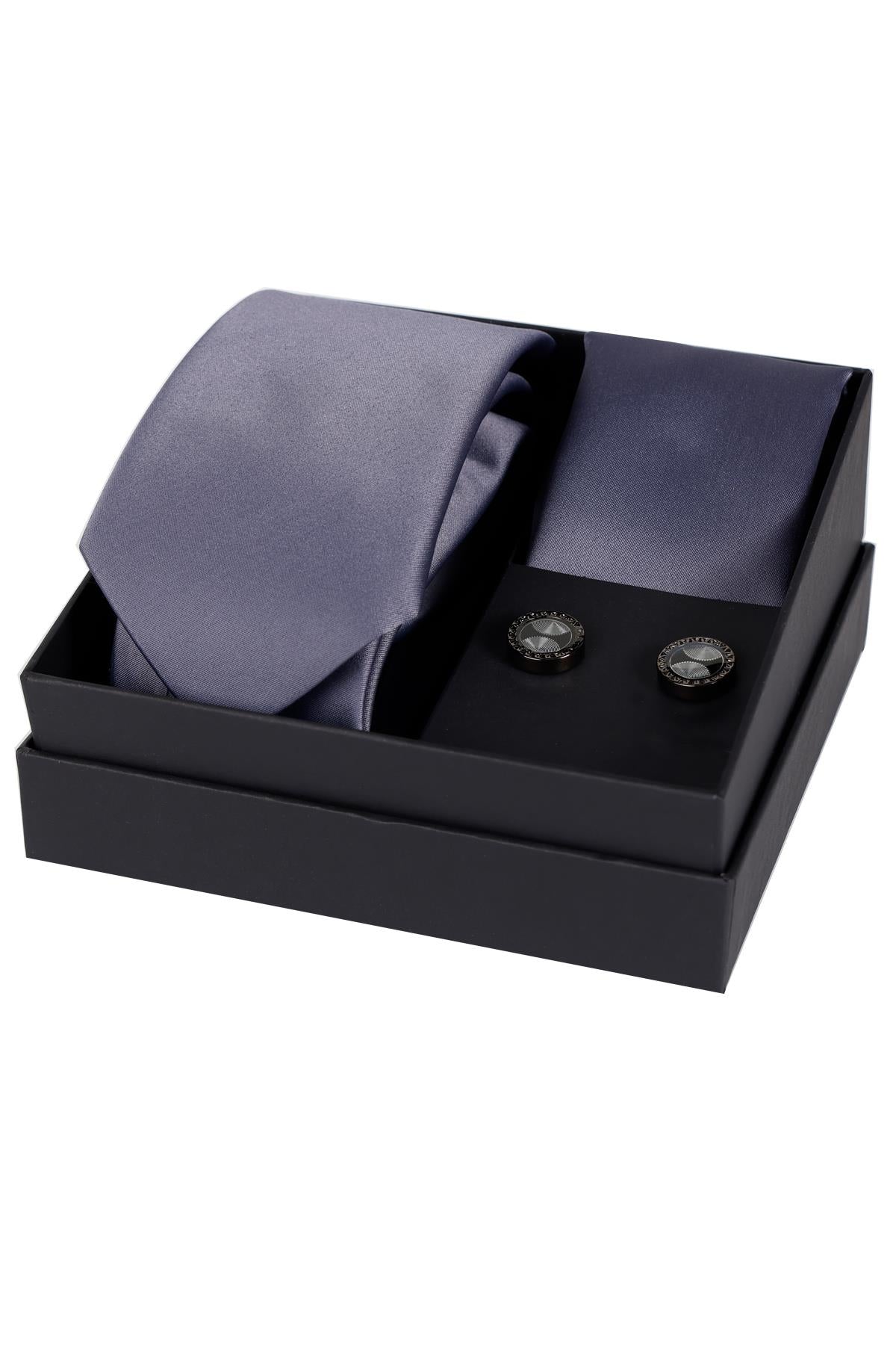 Esgue 8 Cm Hand Made Saten Gri Renk Kravat Mendil & Kol Düğmesi Hediye Seti HSET:133