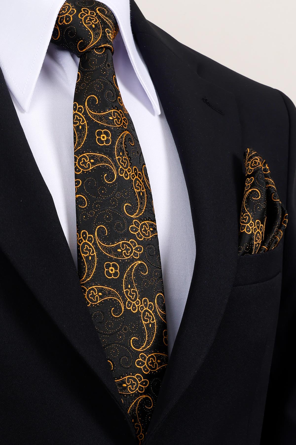 Esgue 8 Cm Hand Made Siyah Gold Şal Desen Kravat Mendil & Gold Kol Düğmesi Hediye Seti HSET:104