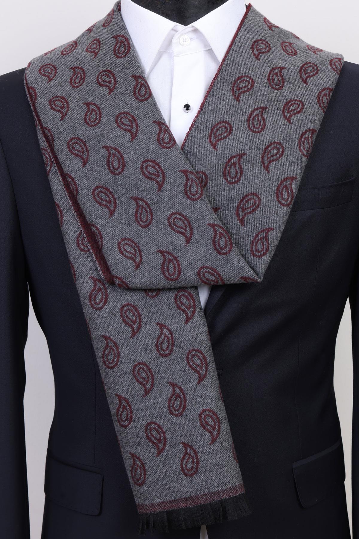 Esgue Bordo-Gri Çift Taraflı Damla Desen Viskon Kaşkol