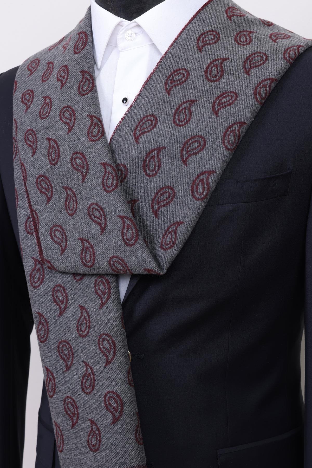 Esgue Bordo-Gri Çift Taraflı Damla Desen Viskon Kaşkol