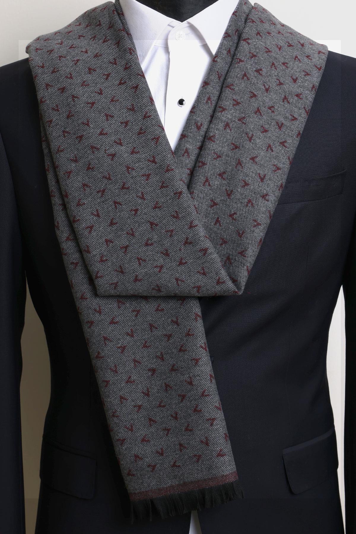 Esgue Bordo-Gri Çift Taraflı V Desenli Viskon Kaşkol