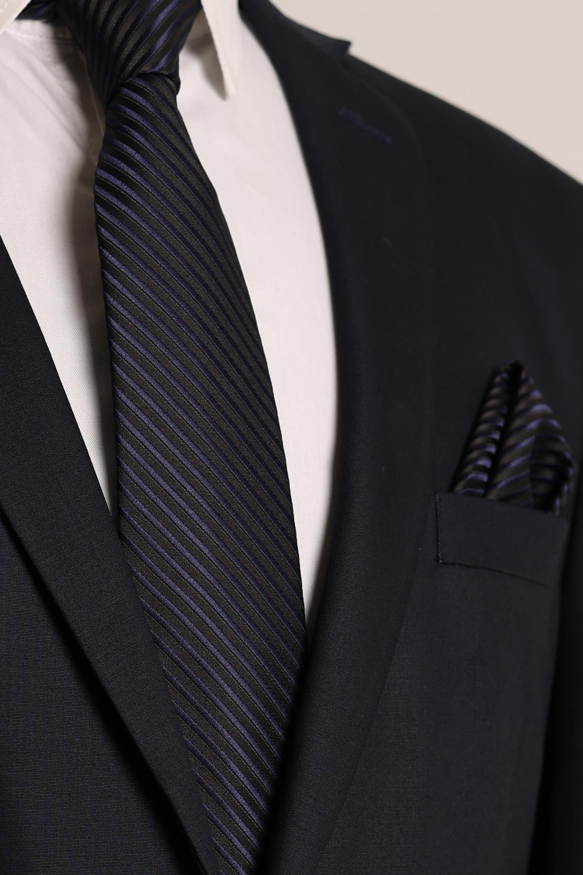 Esgue Hand Made 8 cm Çizgili Laci & Siyah Kravat & Mendil