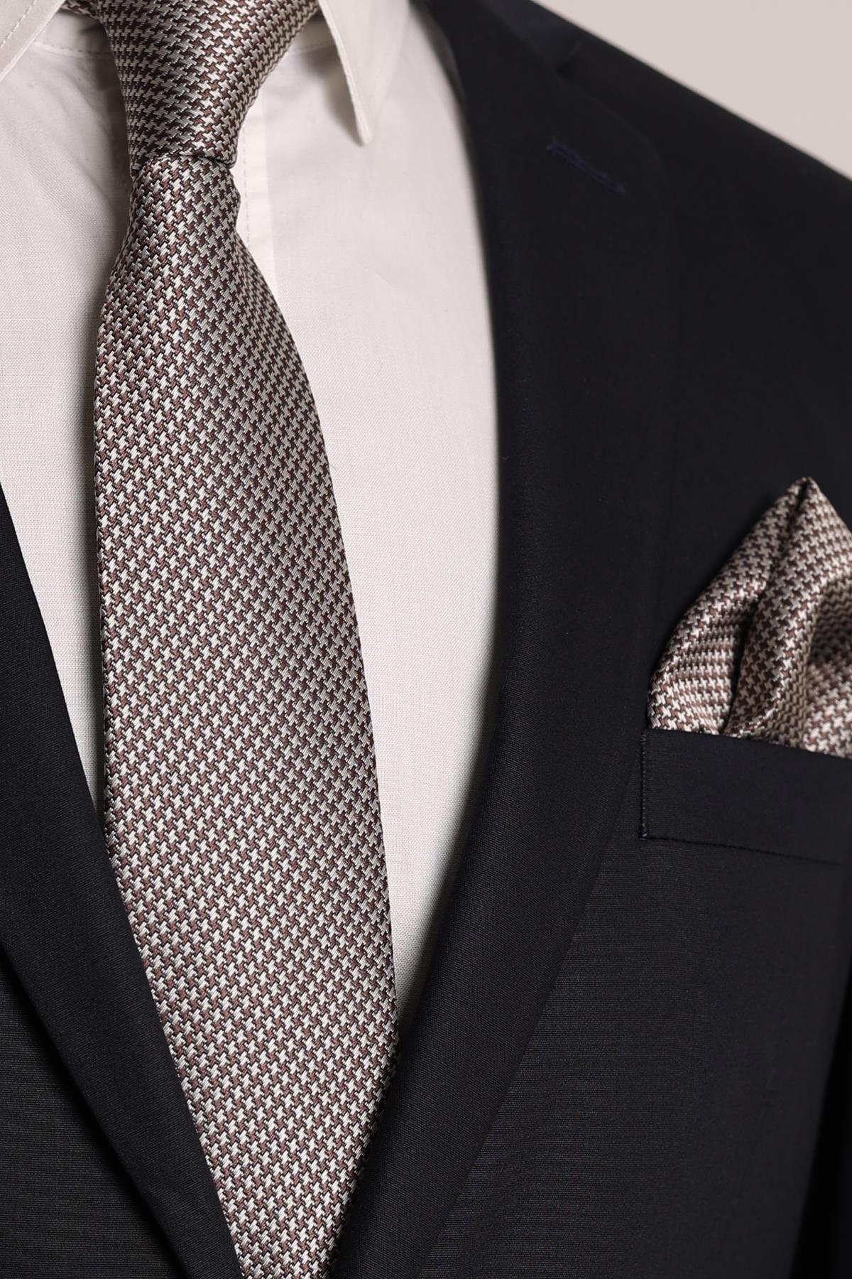 Esgue Hand Made 7.5 cm Desenli Bej & Kahverengi Kravat & Mendil