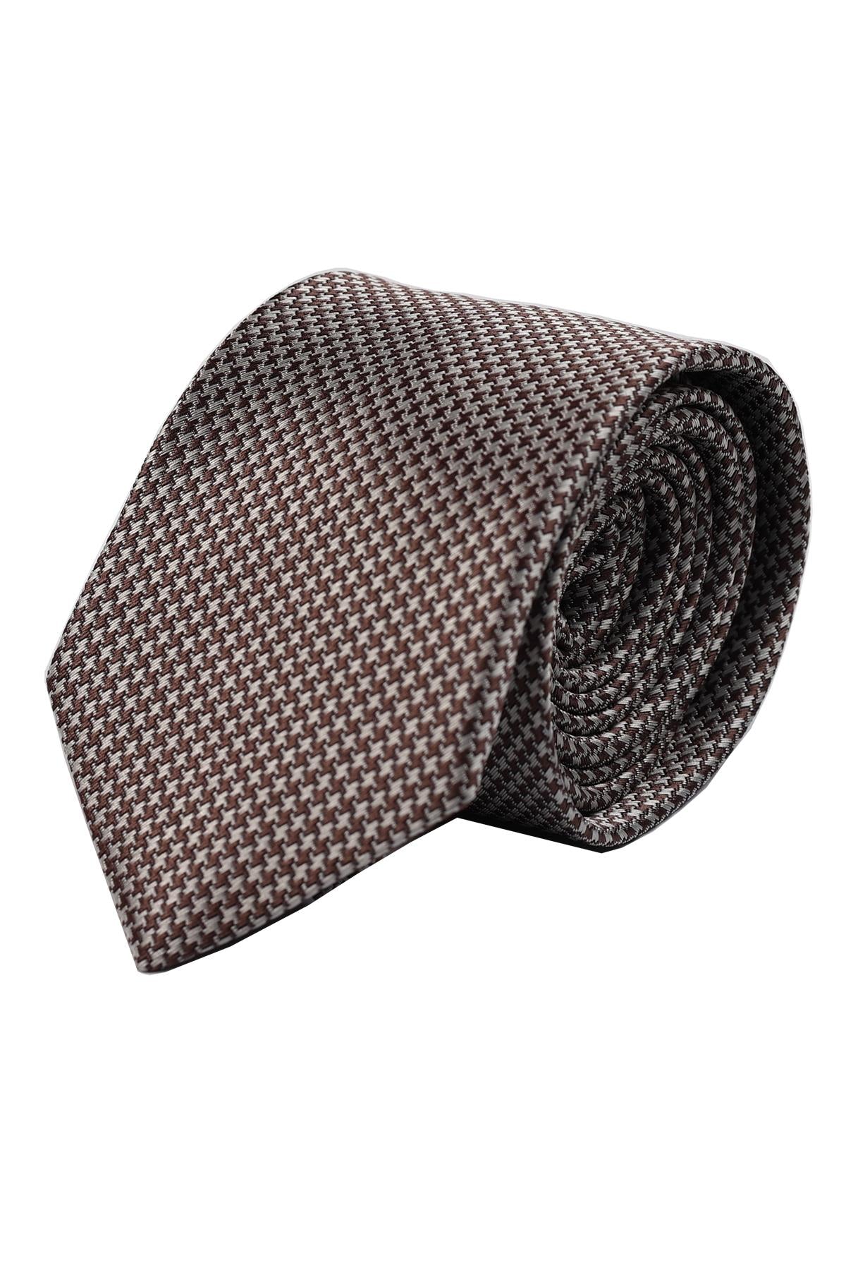 Esgue Hand Made 7.5 cm Desenli Bej & Kahverengi Kravat & Mendil