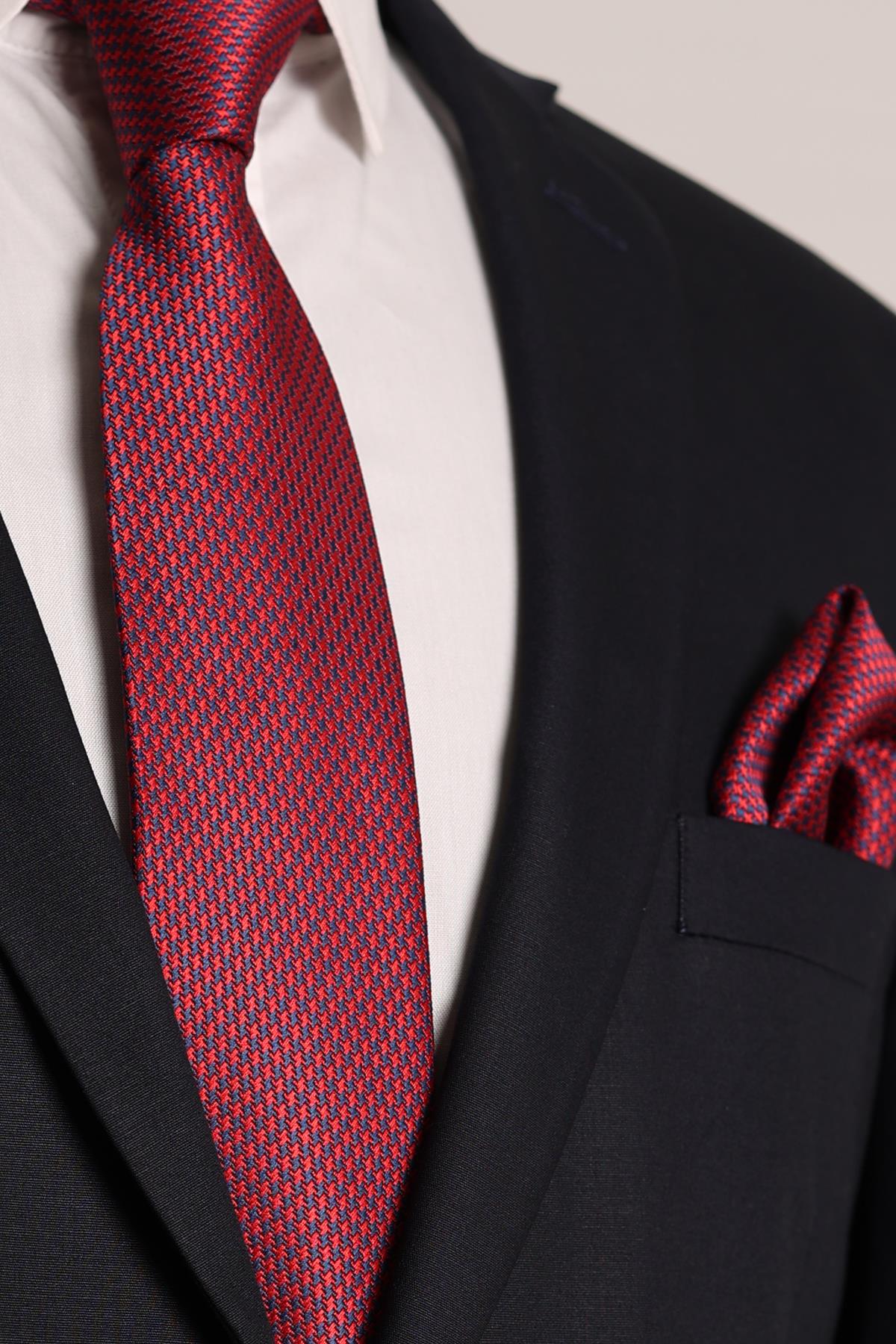 Esgue Hand Made 7.5 cm Desenli Bordo & Mavi Kravat & Mendil