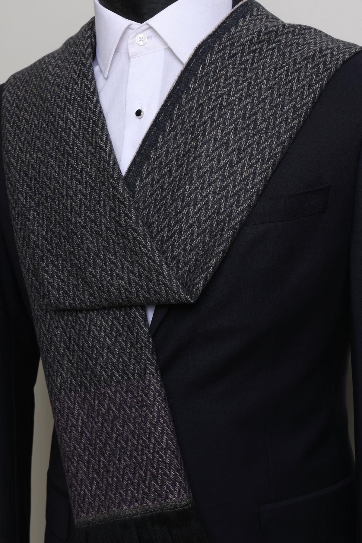 Esgue Desenli K.Lacivert & Bej Renk Atkı & Kaşkol