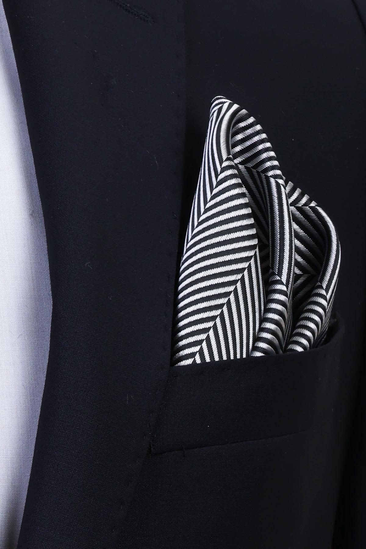 Esgue Hand Made 8 cm Çizgili Sİyah Gri Kravat & Mendil