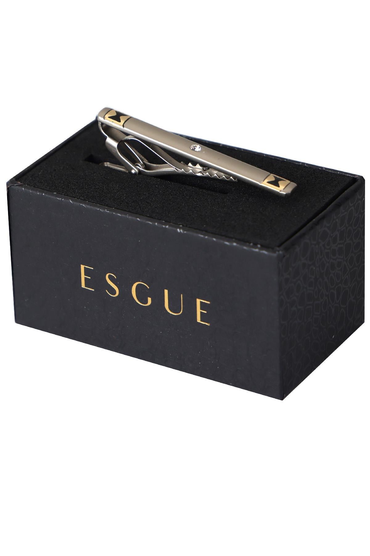 Esgue Erkek Kravat İğnesi – Taş Detaylı Metal Kravat Klipsi, Mat Gümüş Renkli Şık Tasarım