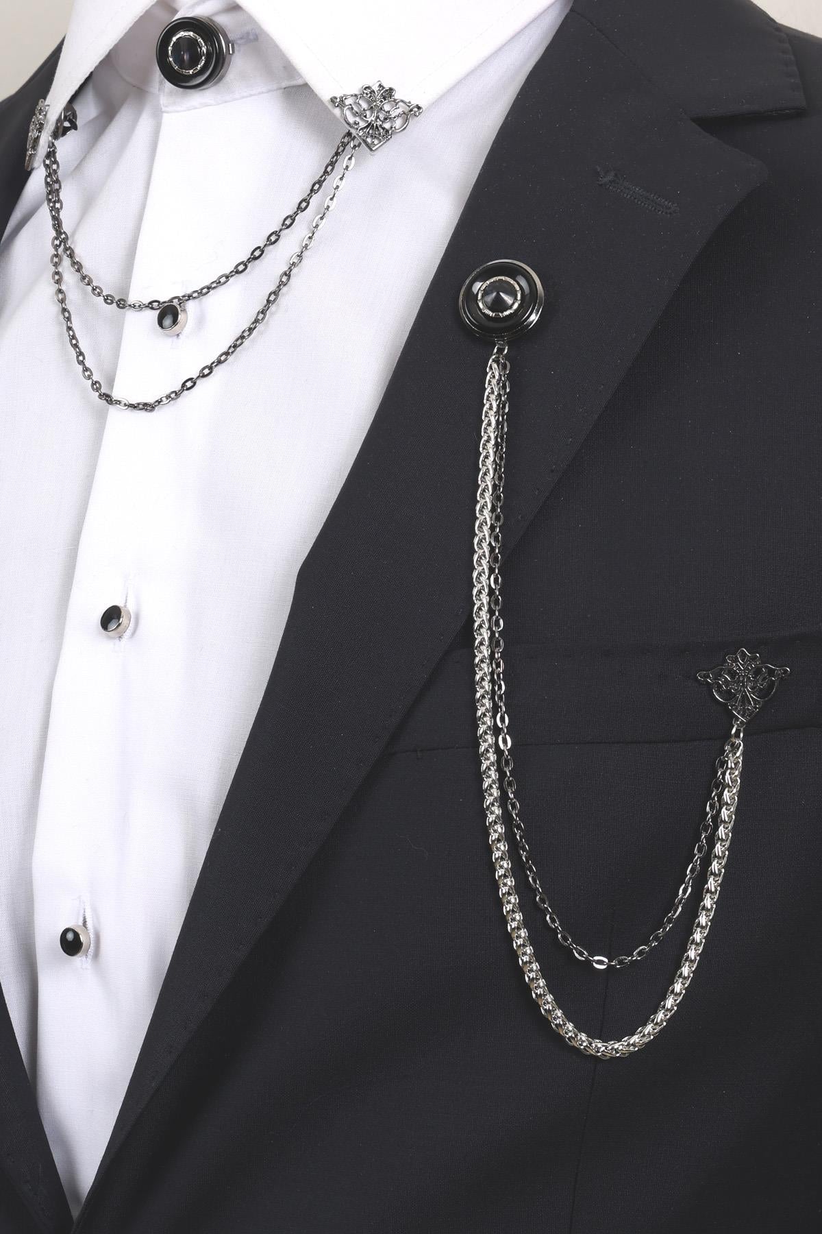 Esgue Erkek Siyah Desenli Zincirli Ceket & Gömlek Yaka Broş Seti – 3 Parça Takım Elbise Aksesuarı (BRS03)