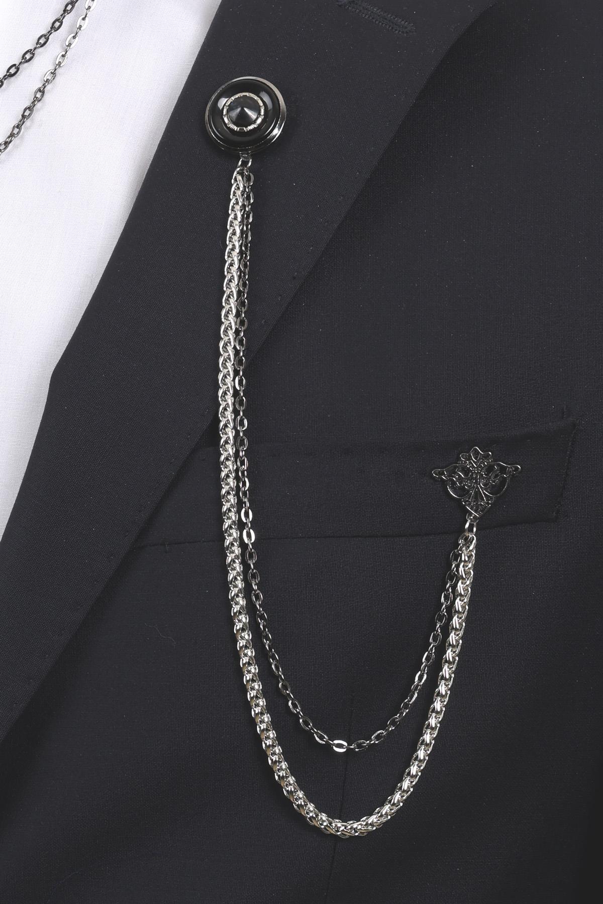 Esgue Erkek Siyah Desenli Zincirli Ceket & Gömlek Yaka Broş Seti – 3 Parça Takım Elbise Aksesuarı (BRS03)