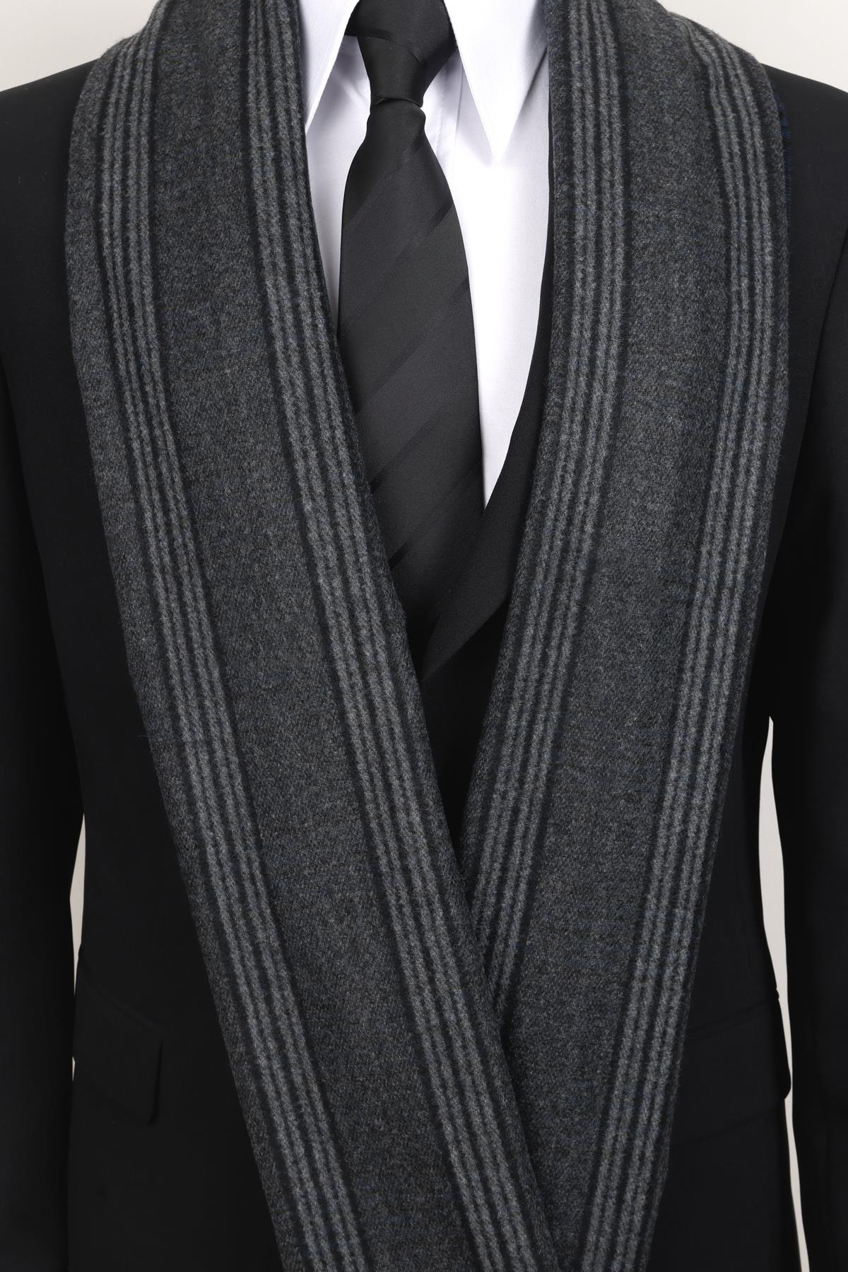 Esgue Gri Siyah Çizgili Yünlü Kaşkol - Klasik & Şık Erkek Atkı