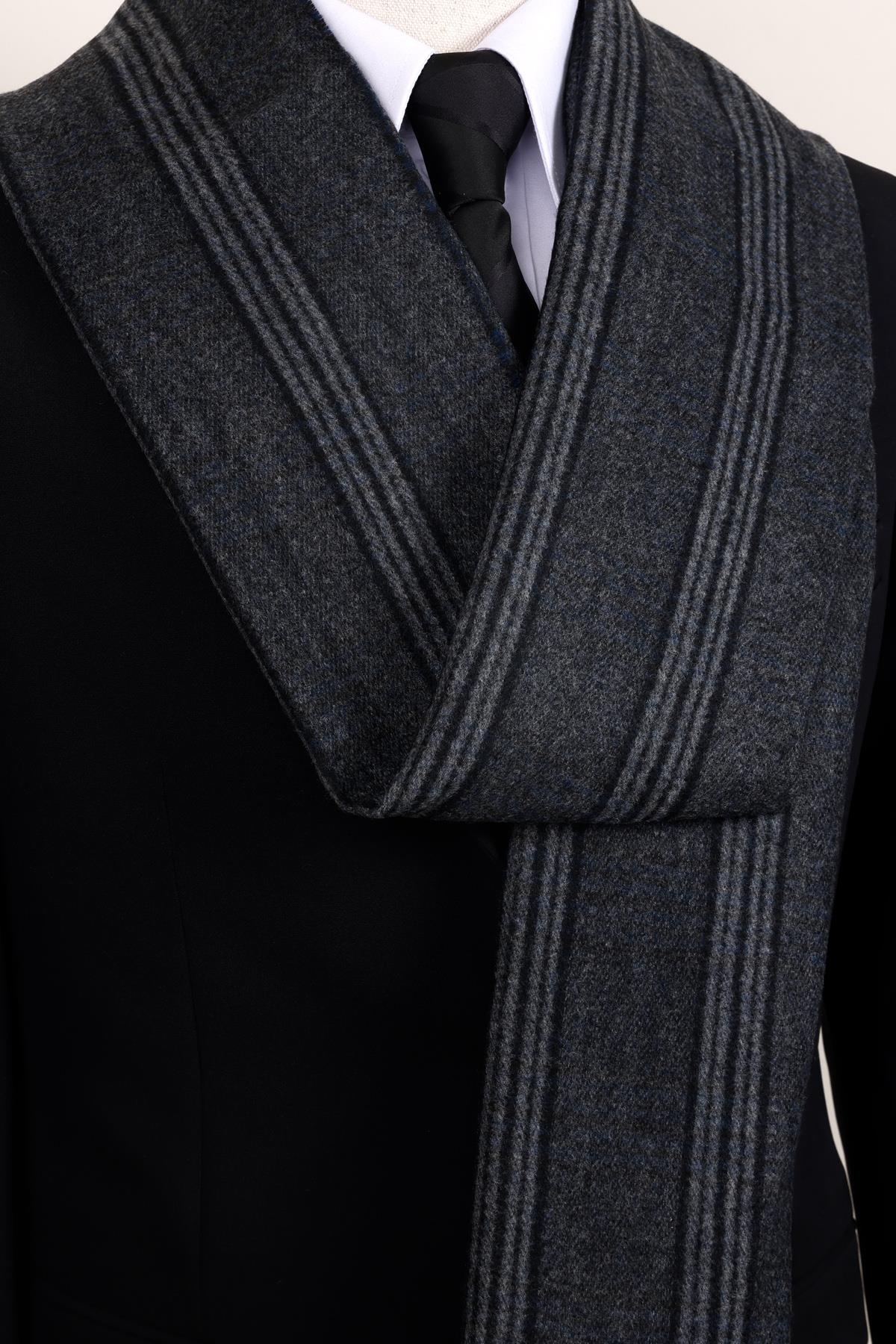 Esgue Gri Siyah Çizgili Yünlü Kaşkol - Klasik & Şık Erkek Atkı