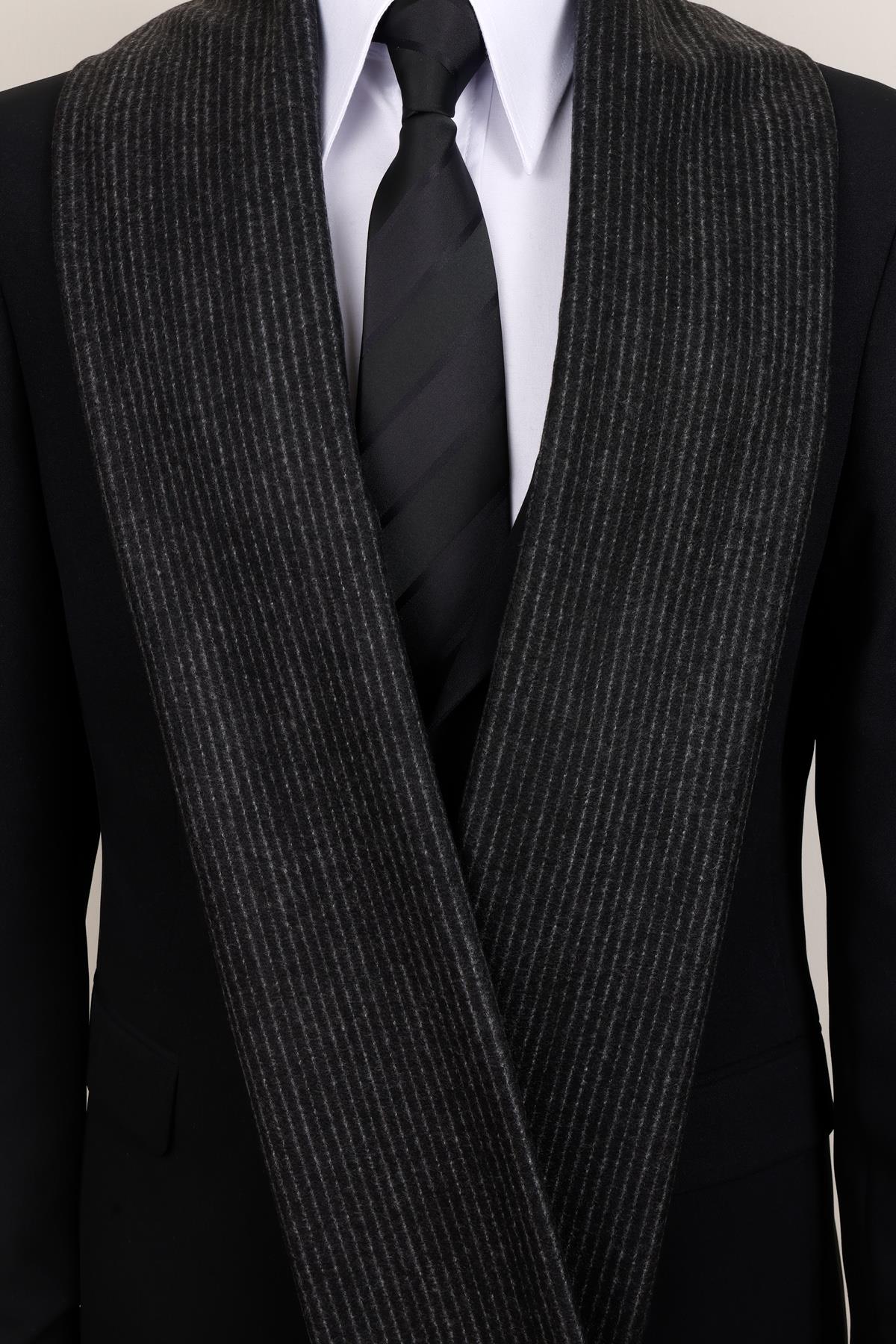 Esgue Yünlü Siyah İnce Çizgili Kaşkol - Klasik ve Modern Erkek Atkı