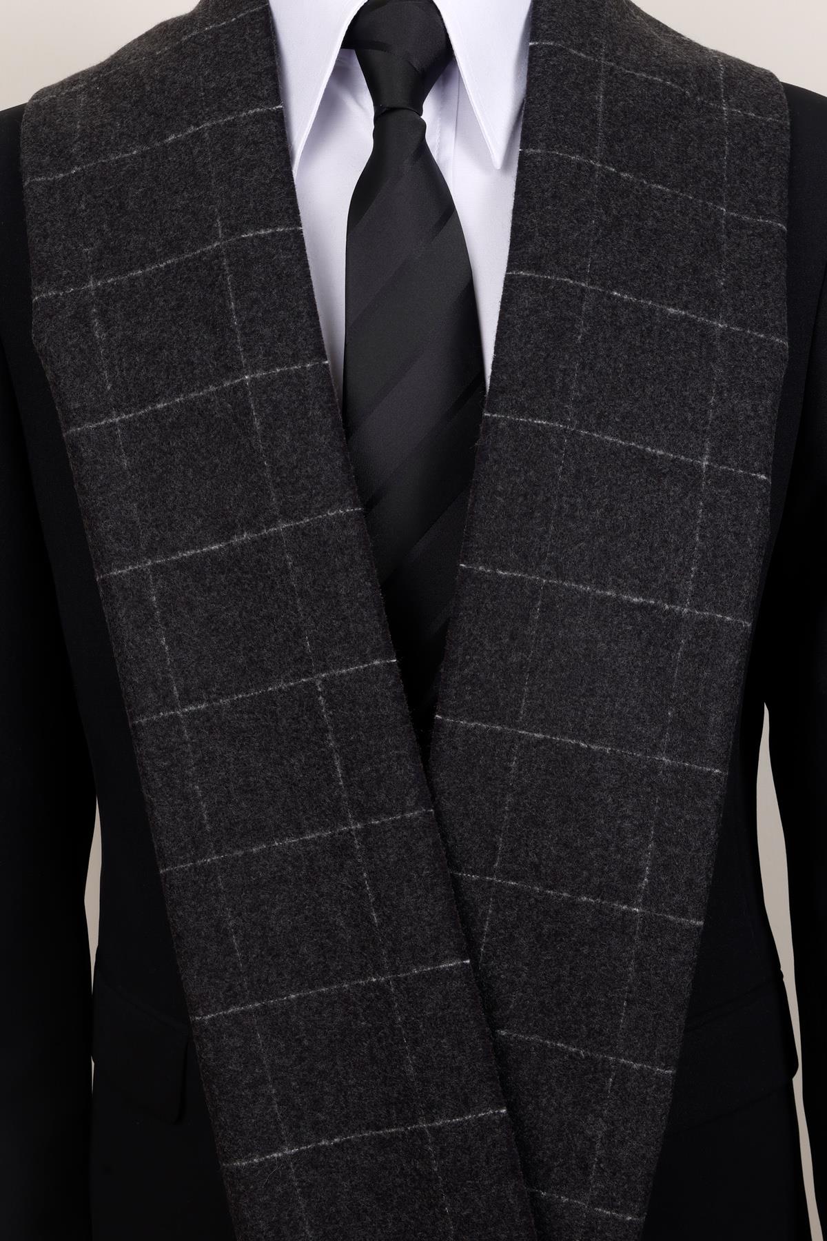 Esgue Yünlü Antrasit Ekose Kaşkol - Minimalist ve Maskülen Erkek Atkı