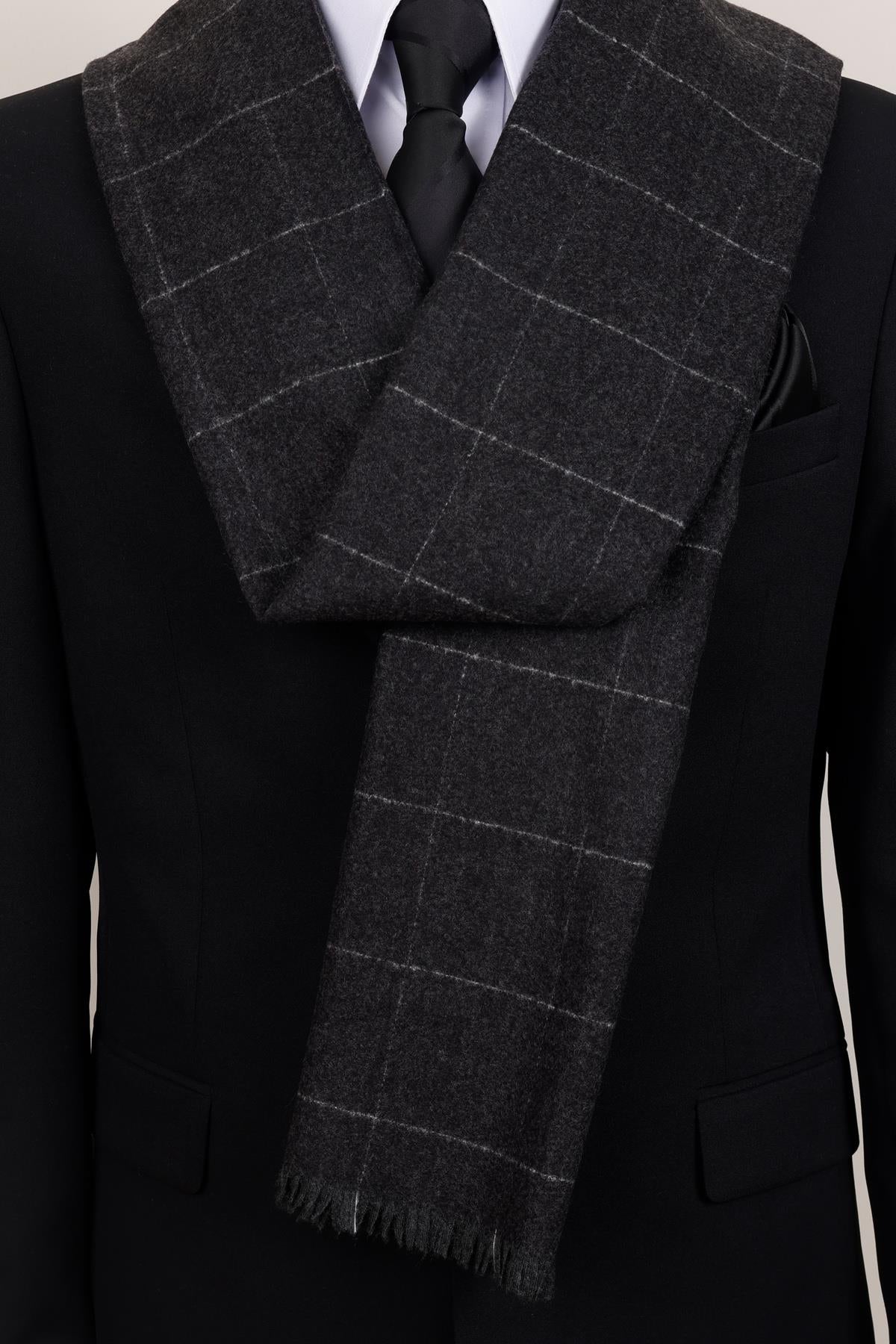 Esgue Yünlü Antrasit Ekose Kaşkol - Minimalist ve Maskülen Erkek Atkı