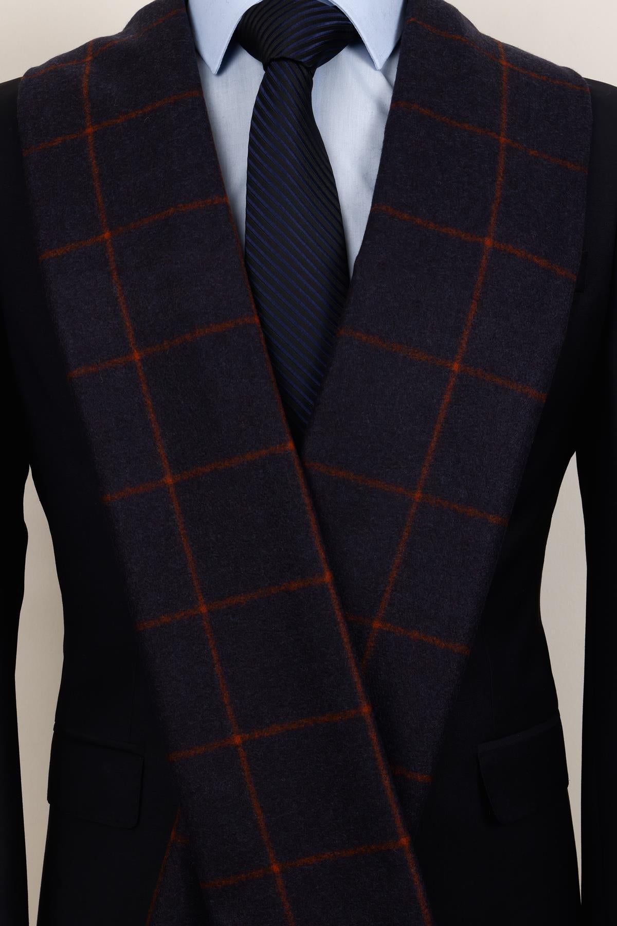 Esgue Yünlü Lacivert Bakır Ekose Kaşkol - Otantik ve Şık Erkek Atkı