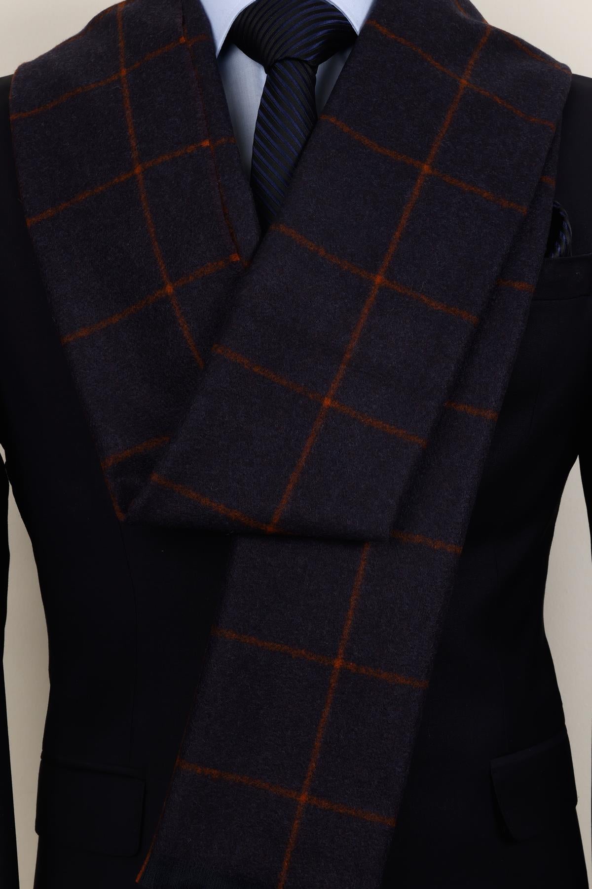 Esgue Yünlü Lacivert Bakır Ekose Kaşkol - Otantik ve Şık Erkek Atkı