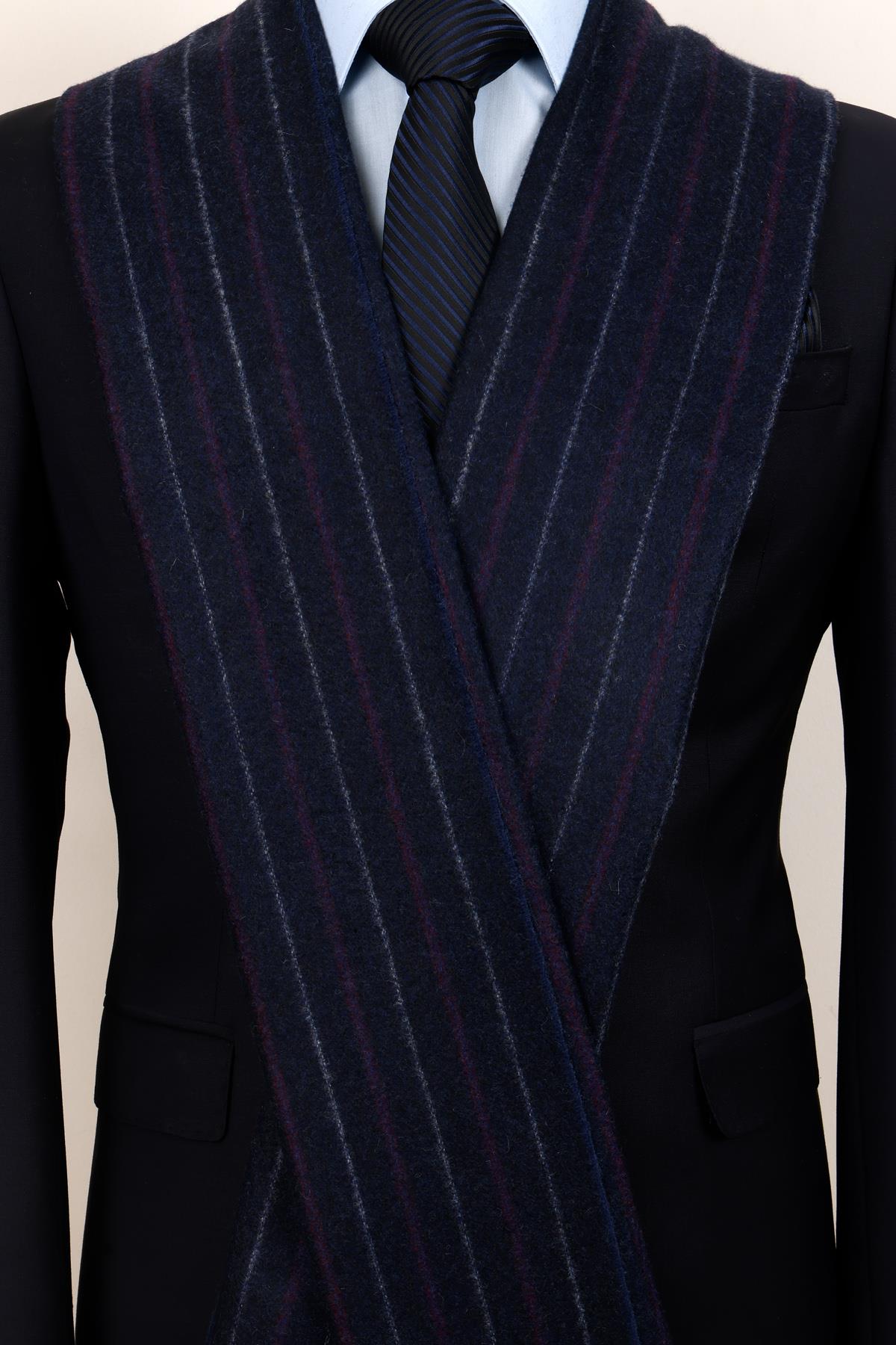 Esgue Yünlü Lacivert Mor Çizgili Kaşkol - Yumuşak Dokulu Klasik Erkek Atkı