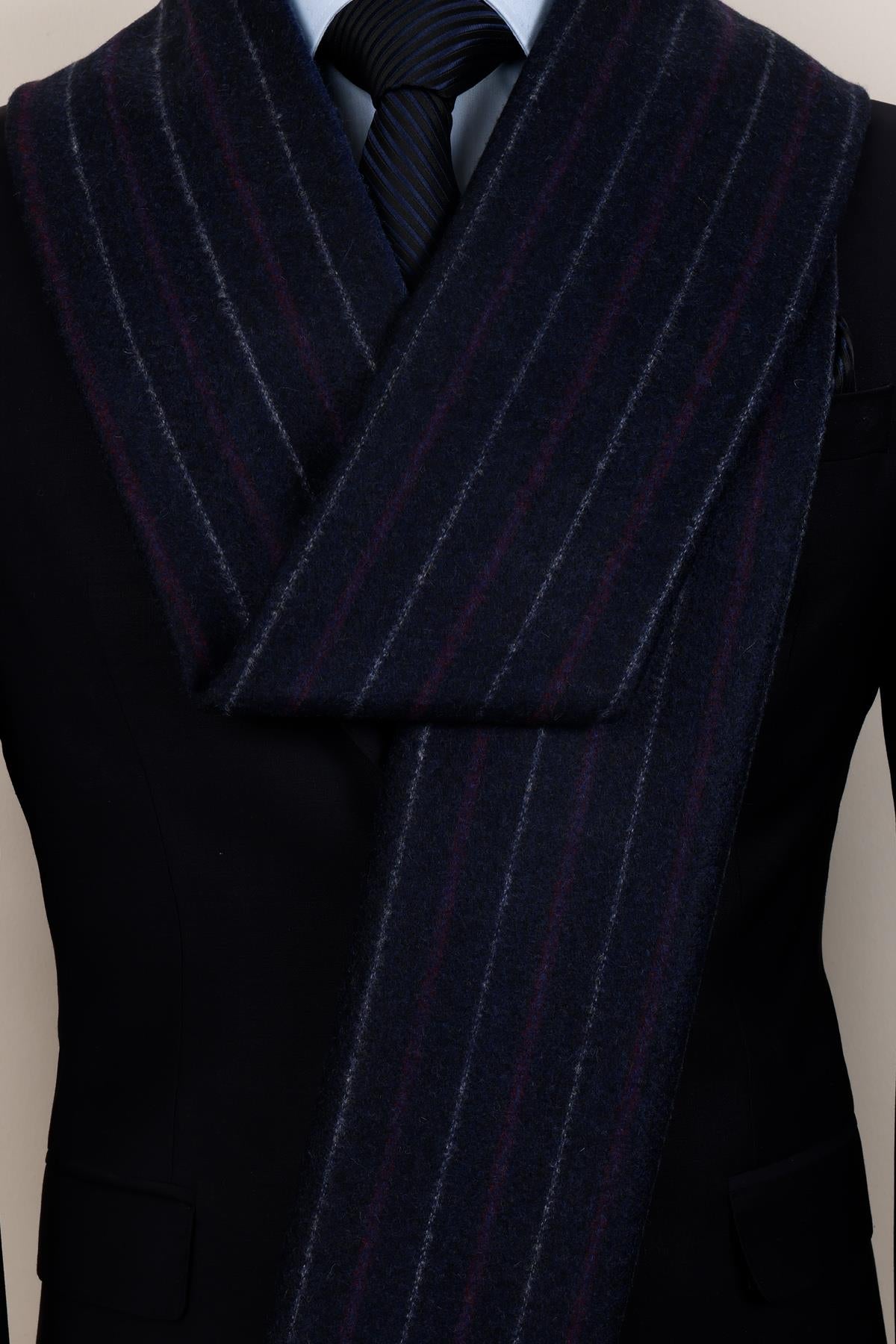 Esgue Yünlü Lacivert Mor Çizgili Kaşkol - Yumuşak Dokulu Klasik Erkek Atkı