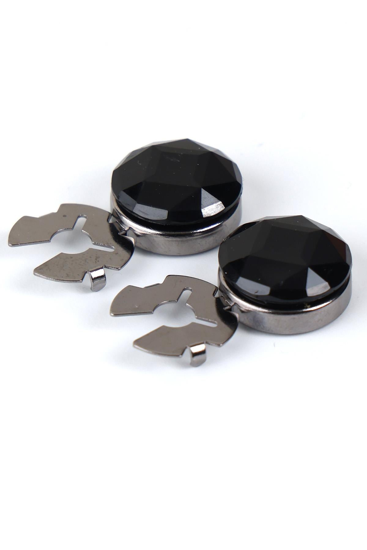 Esgue Füme Renk Siyah Taşlı Geçme Klipsli Kol Düğmesi - M1130