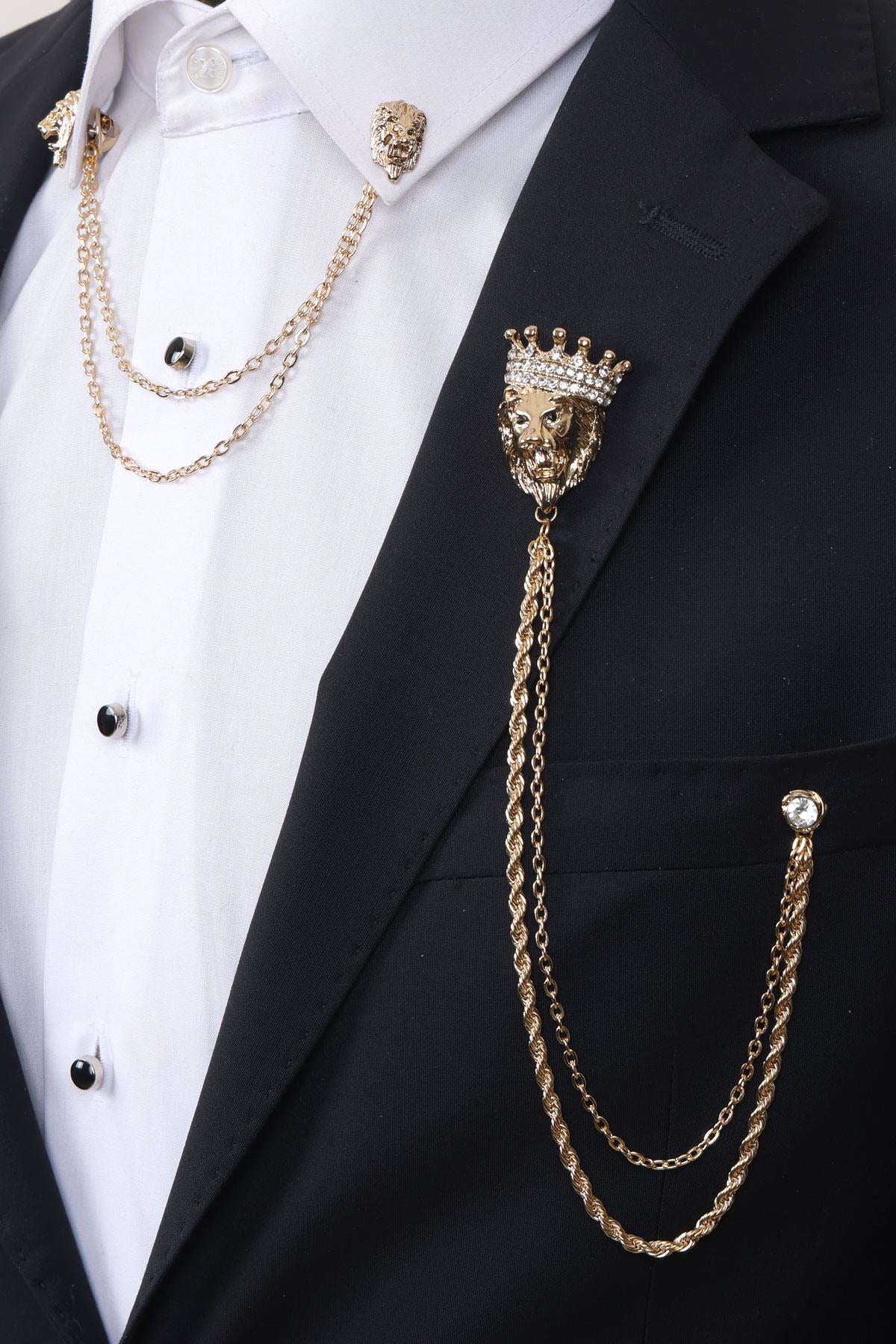 Esgue Gold Renk Kral Taçlı Aslan Zincirli Ceket & Gömlek Yaka Broşu