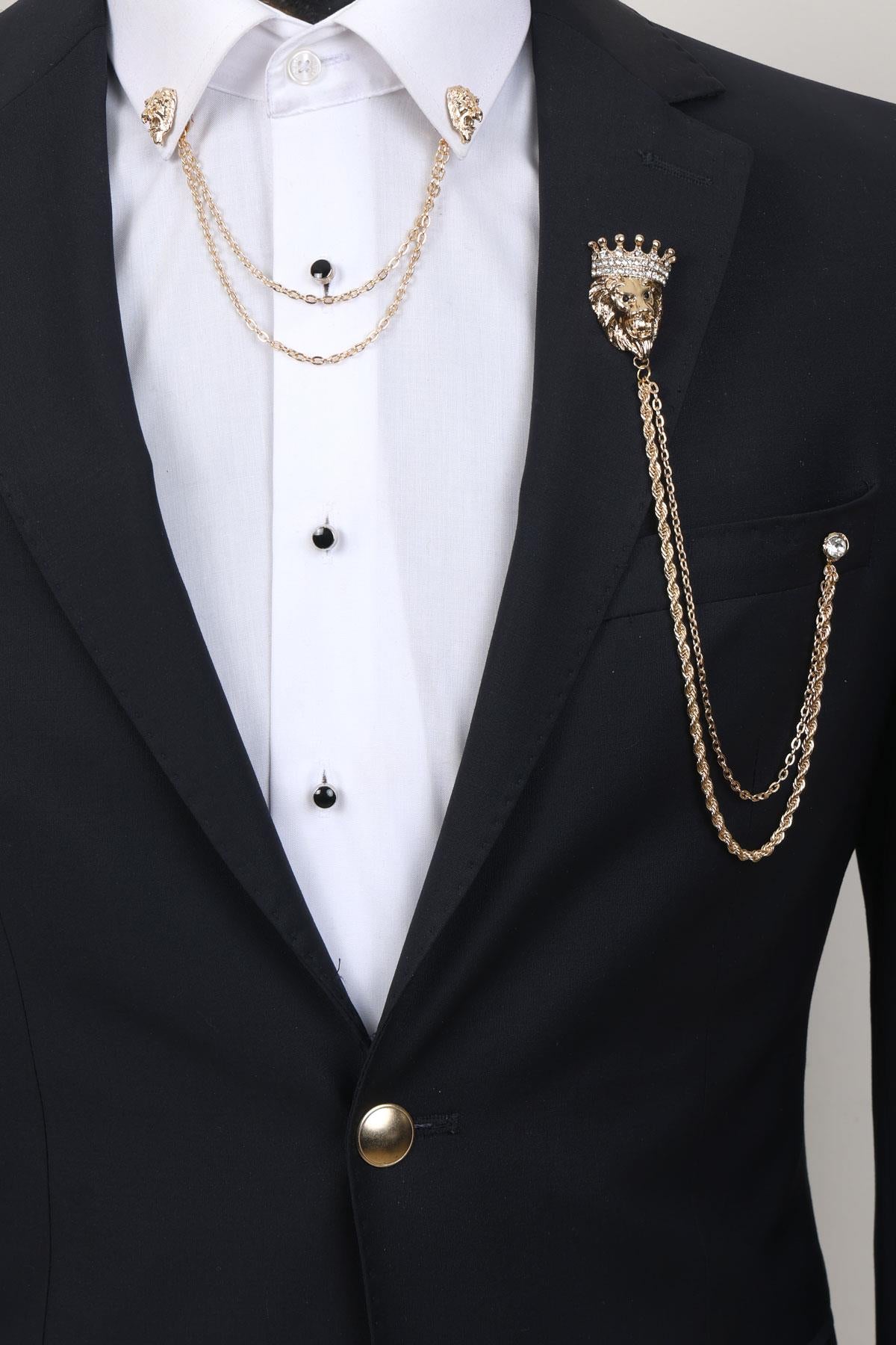 Esgue Gold Renk Kral Taçlı Aslan Zincirli Ceket & Gömlek Yaka Broşu