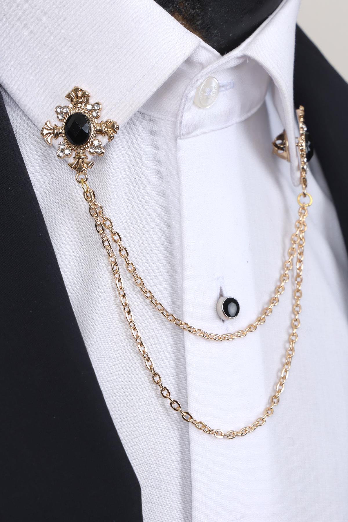 Esgue Gold Renk Siyah Beyaz Taşlı Zinciri Gömlek Yaka Broşu