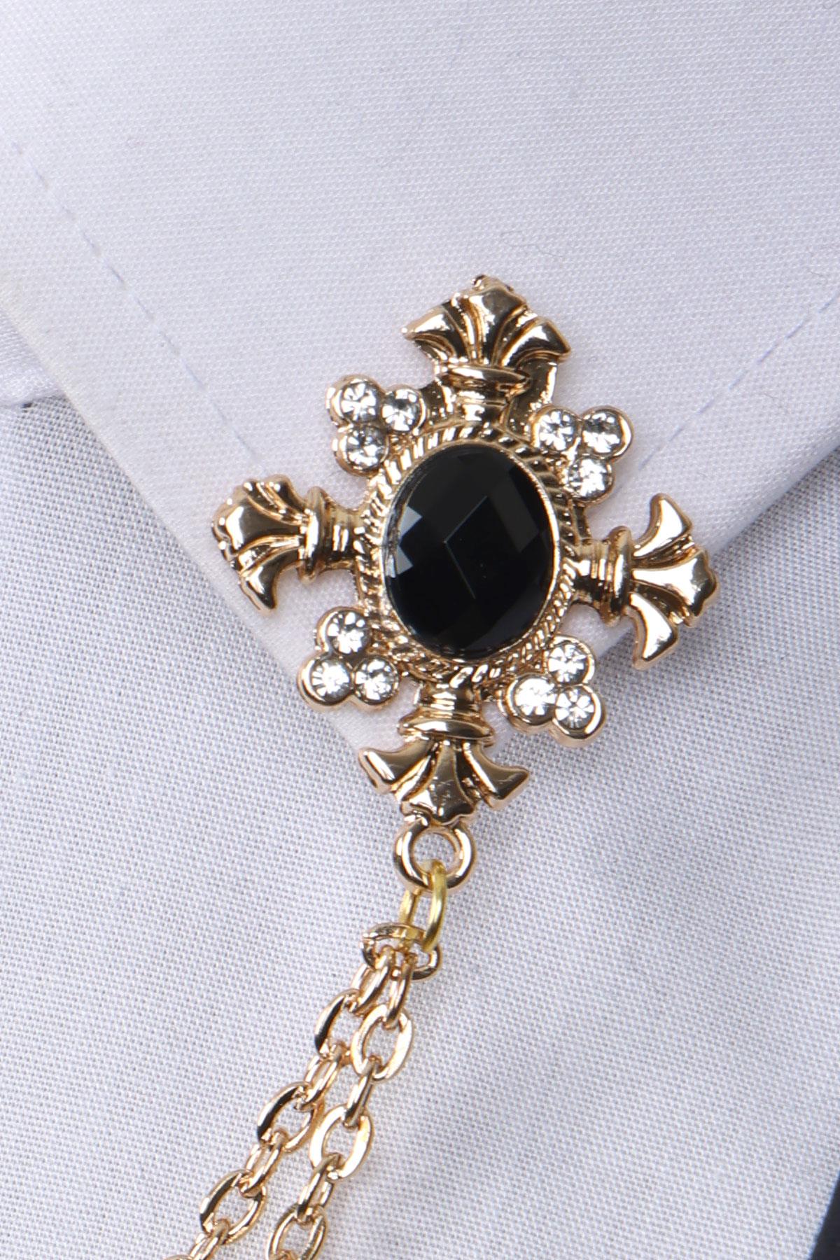 Esgue Gold Renk Siyah Beyaz Taşlı Zinciri Gömlek Yaka Broşu