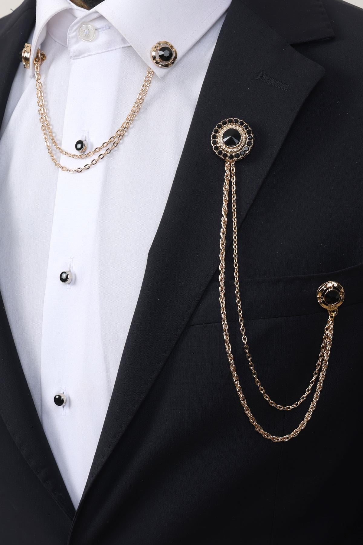 Esgue Gold Renk Siyah Taşlı Ceket & Gömlek Yaka Broş Seti