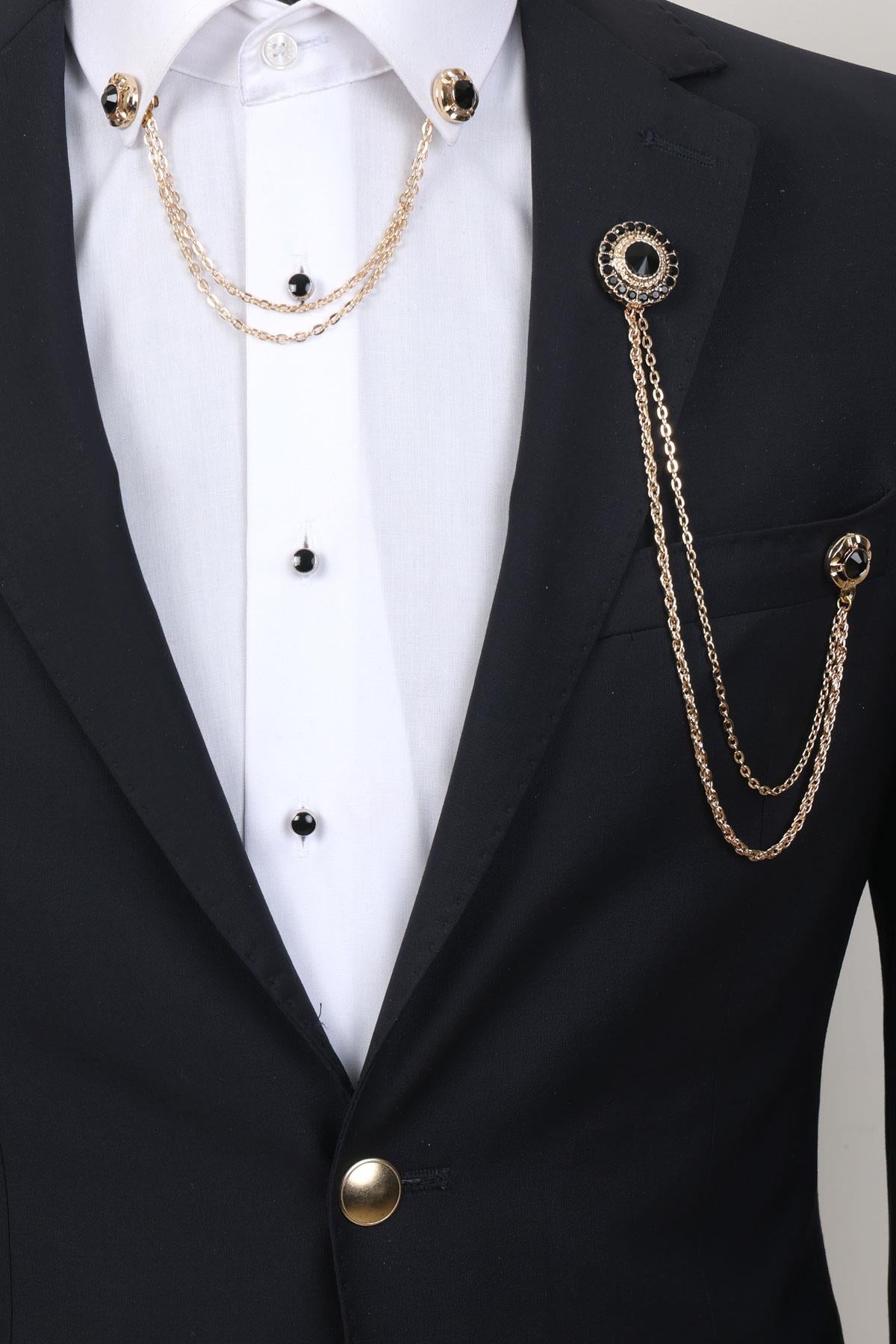 Esgue Gold Renk Siyah Taşlı Ceket & Gömlek Yaka Broş Seti