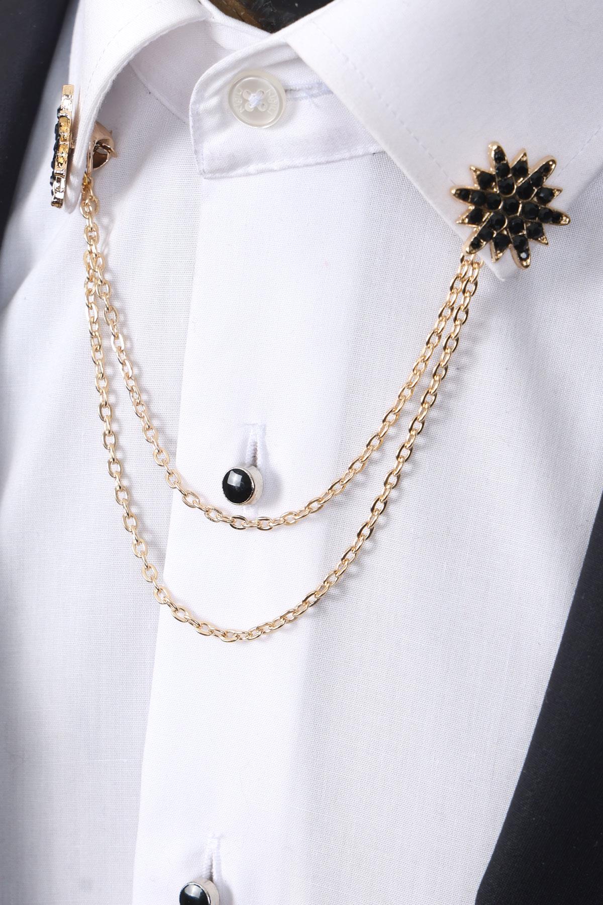 Esgue Gold Renk Siyah Taşlı Zincirli Gömlek Yaka Broşu