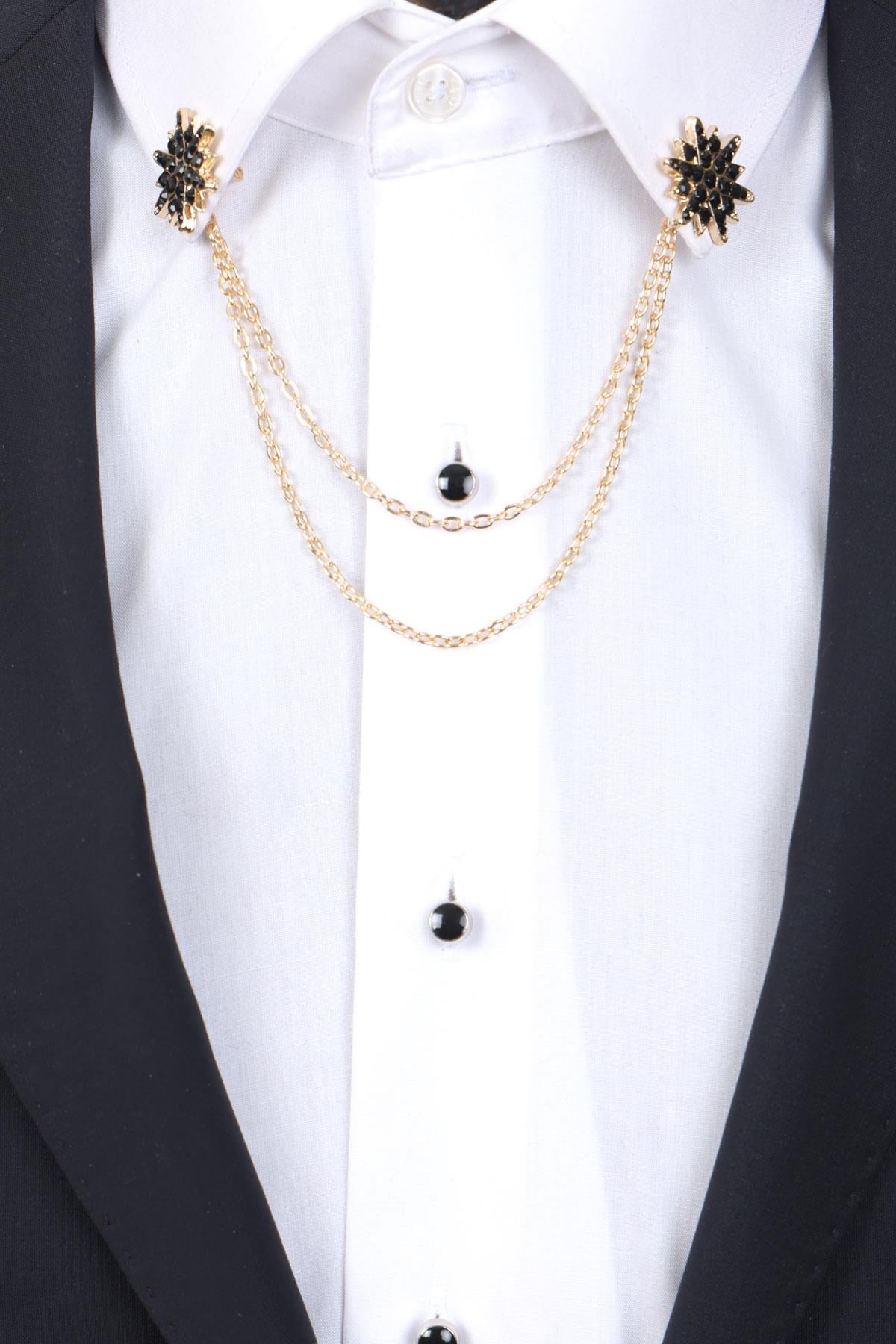 Esgue Gold Renk Siyah Taşlı Zincirli Gömlek Yaka Broşu