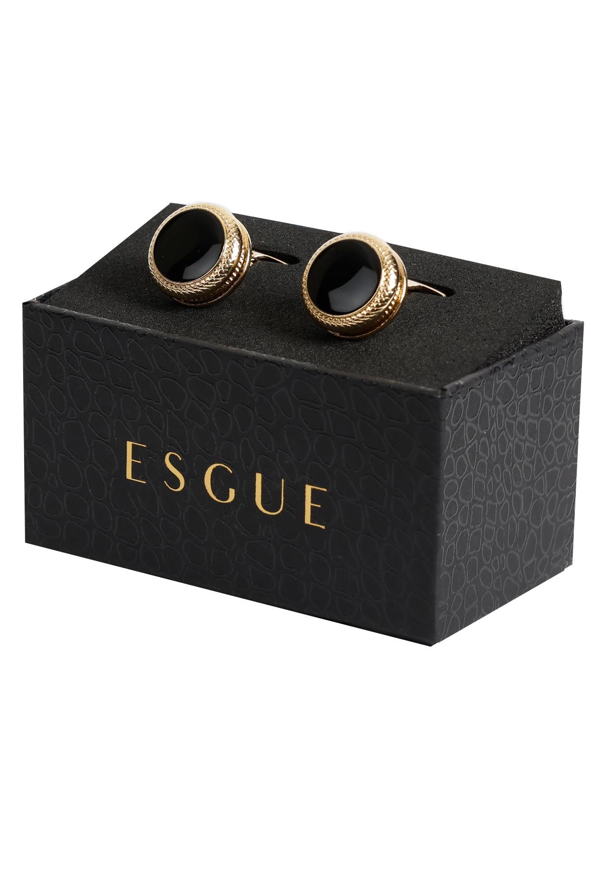 Esgue Gold Renk Siyah Mineli Yuvarlak Kol Düğmesi KD:7507